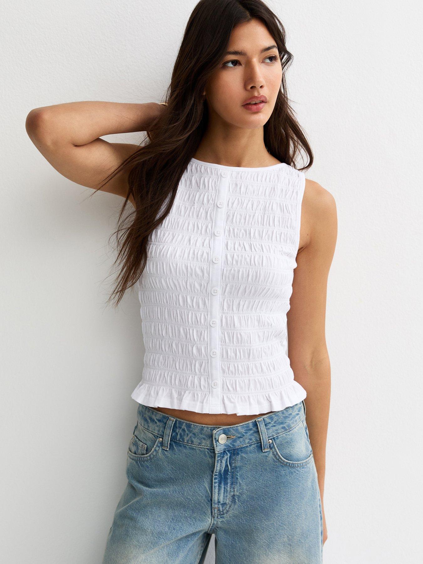 New Look Shirred Button Front Sleeveless Top - White