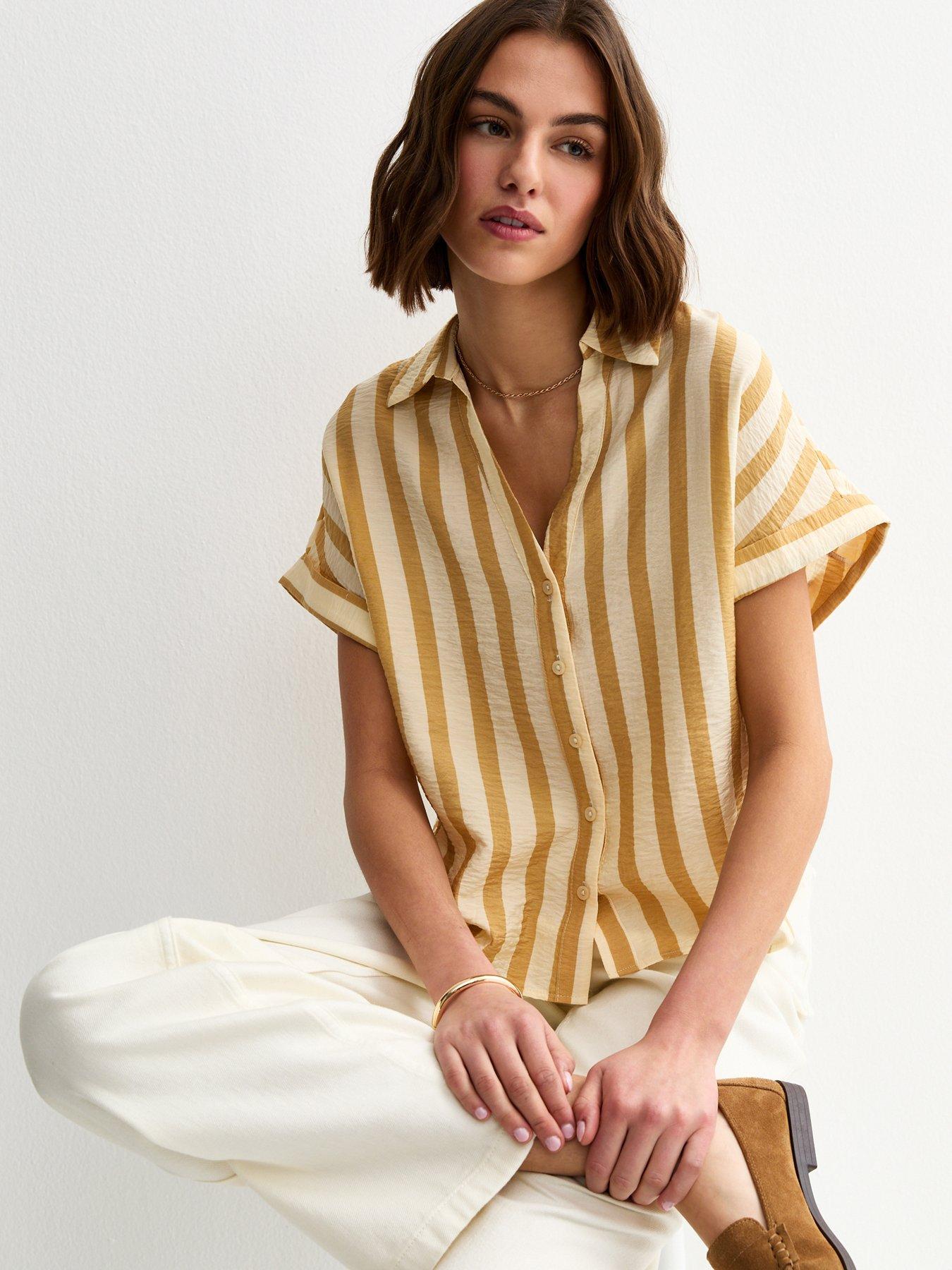 New Look Lightweight Wide Stripe Cropped Shirt - Yellow