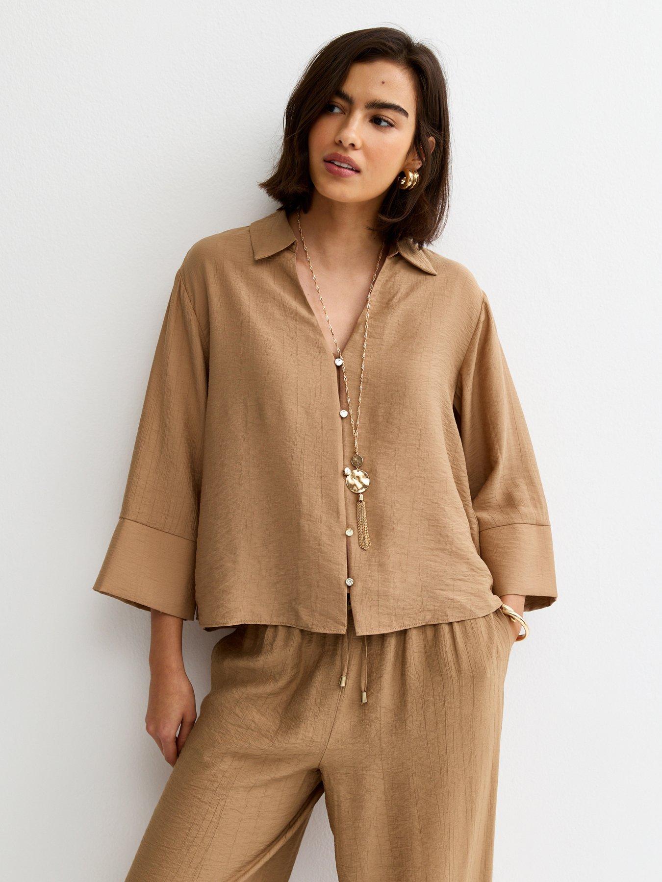 New Look Crinkled Cropped Sleeve Shirt - Camel