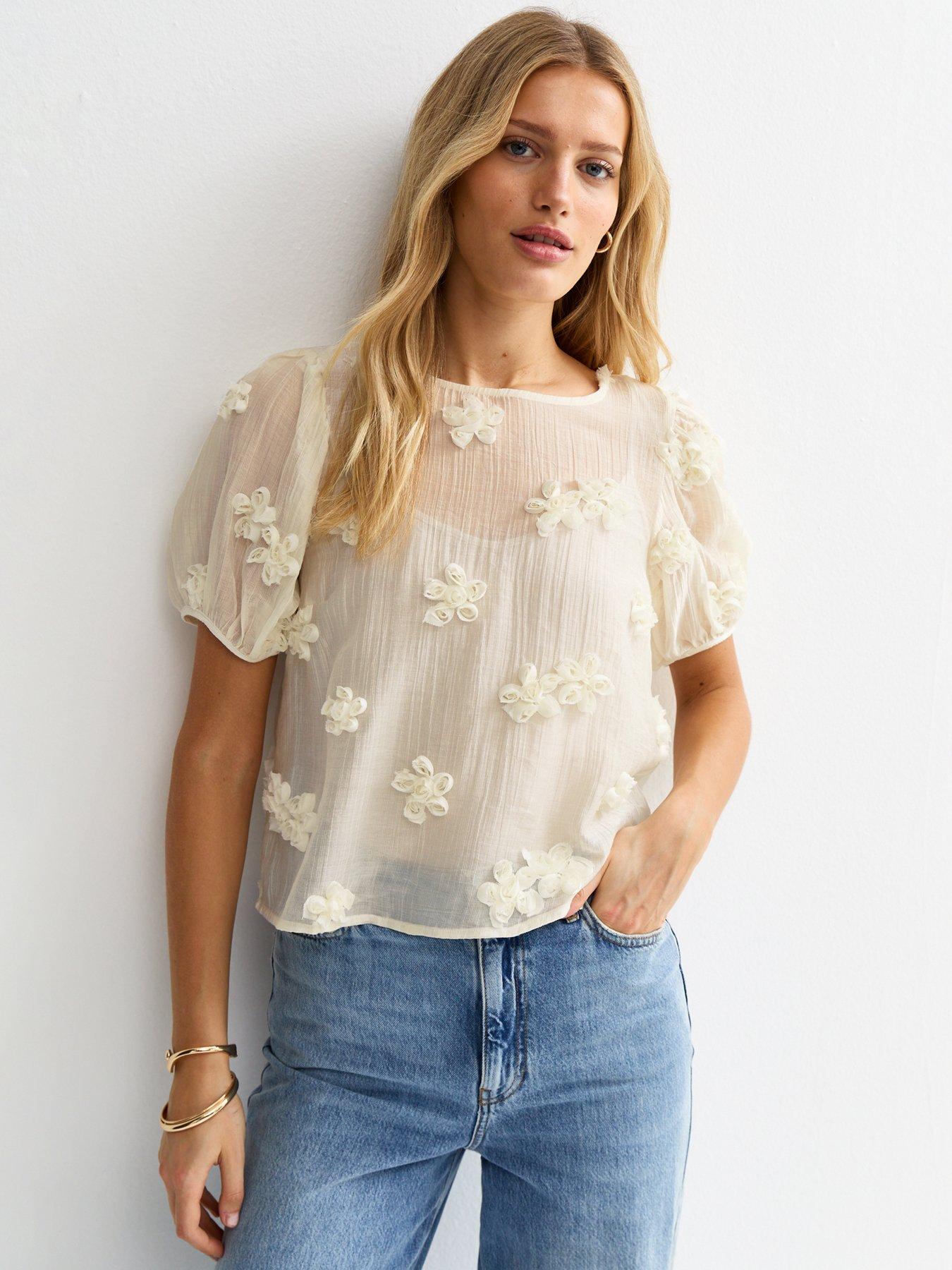New Look Sheer Floral Appliqué Short Sleeve Blouse - Cream