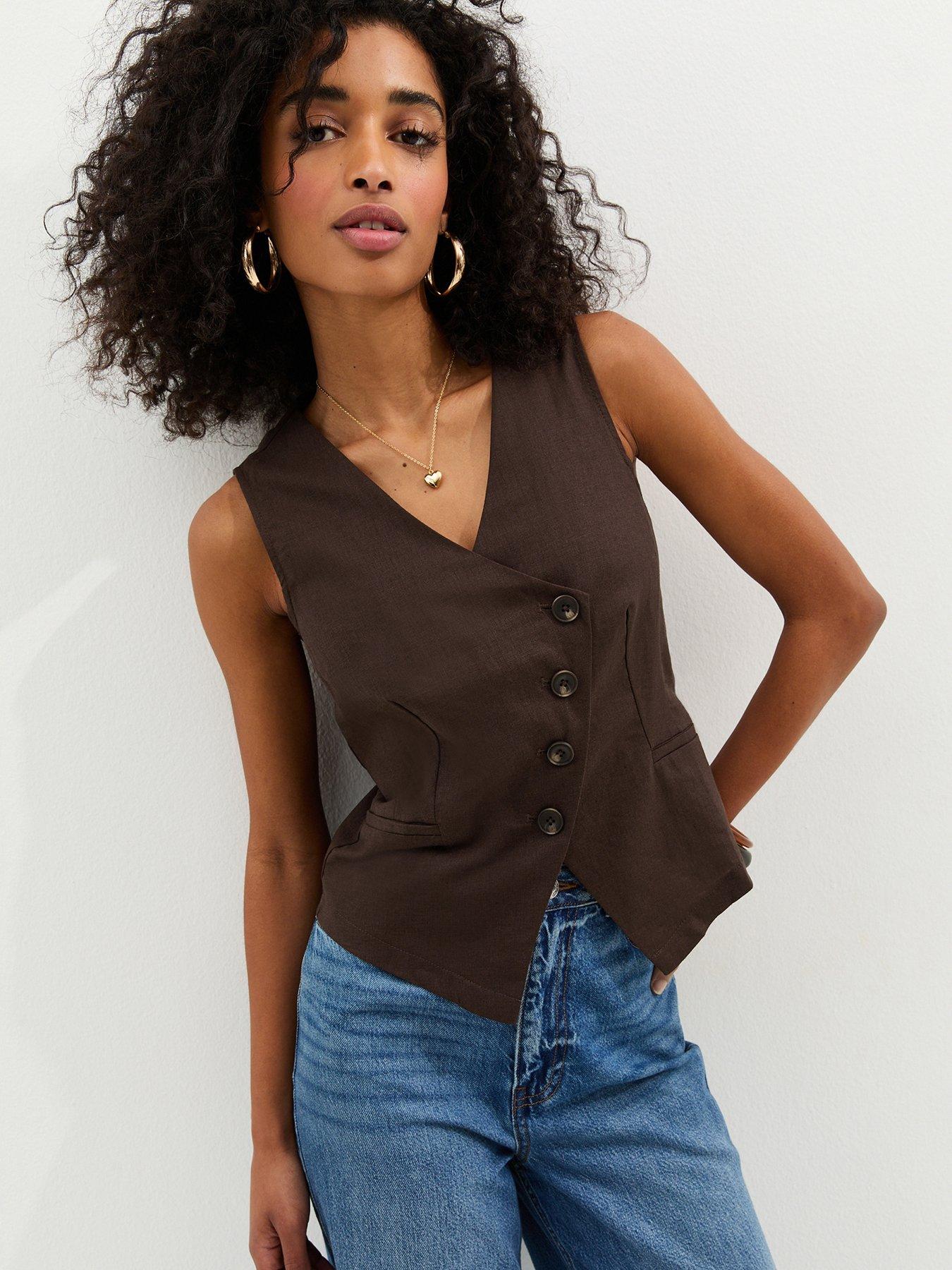 Image 1 of 5 of New Look Linen Blend Asymmetric Waistcoat - Brown