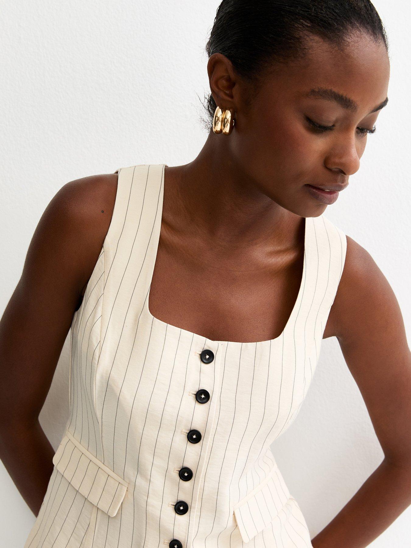  image of new-look-stripe-square-neck-waistcoat-cream