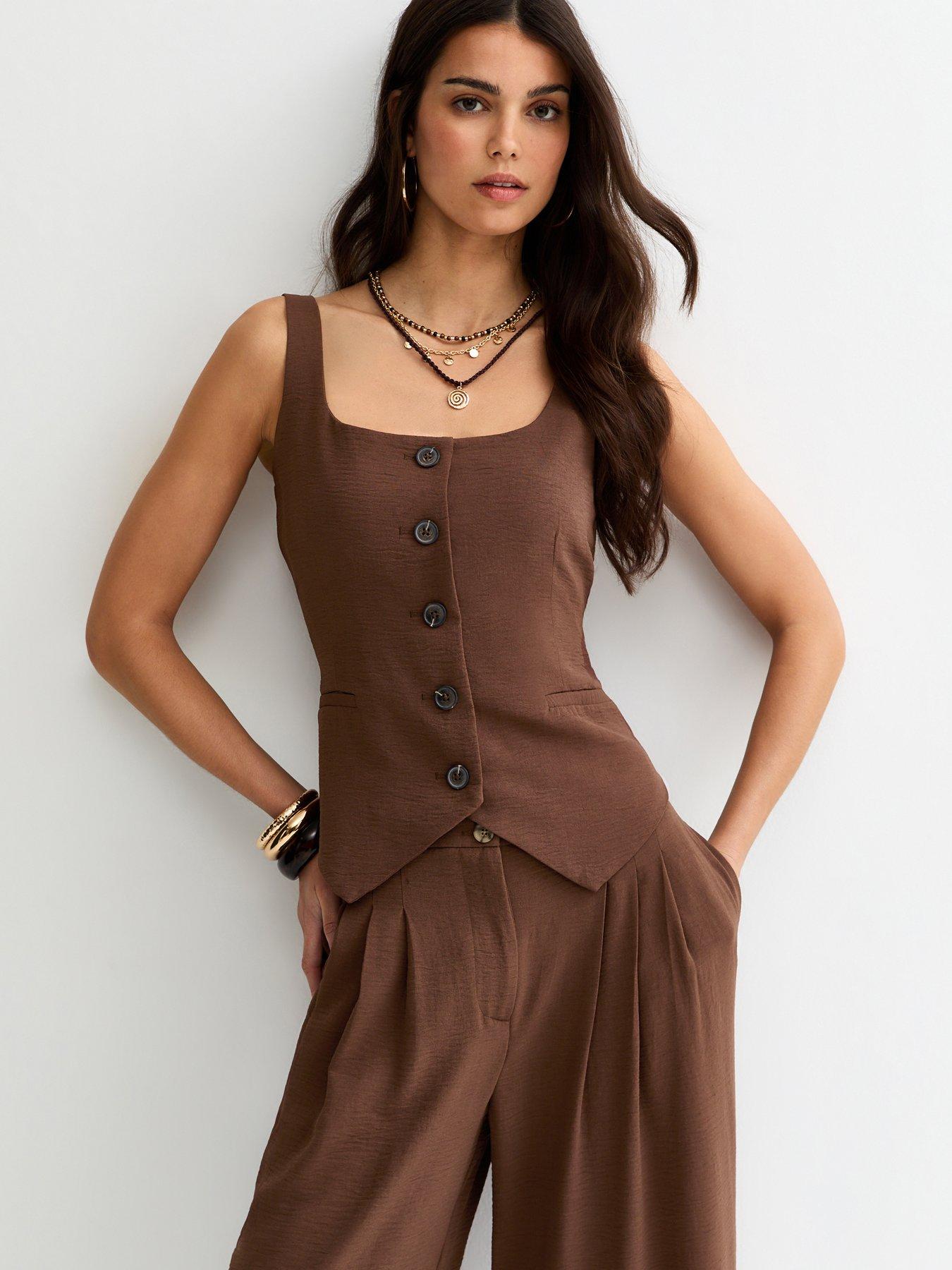 Image 1 of 5 of New Look Scoop Neck Button Up Waistcoat - Dark Brown