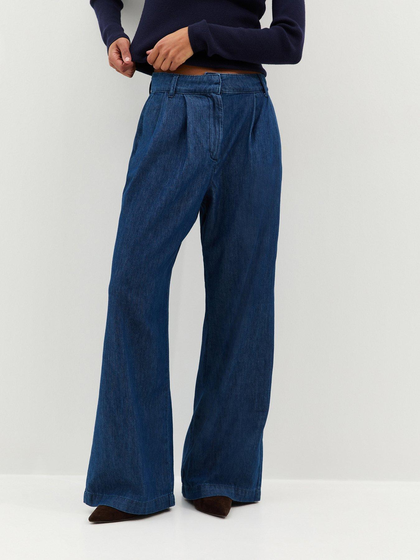 New Look Pleated Wide Leg Denim Trousers - Blue