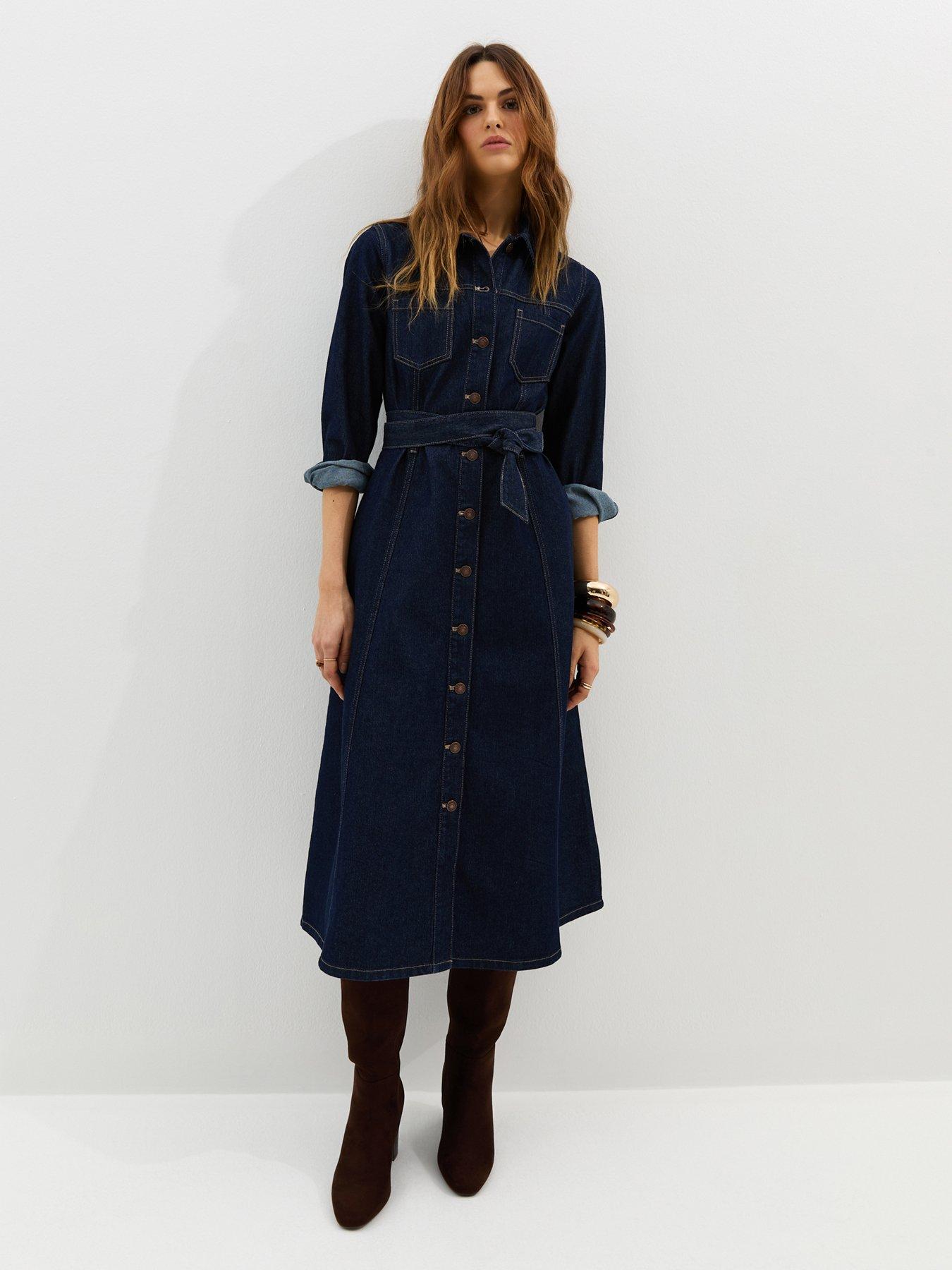New Look Denim Long Sleeve Midi Shirt Dress - Blue