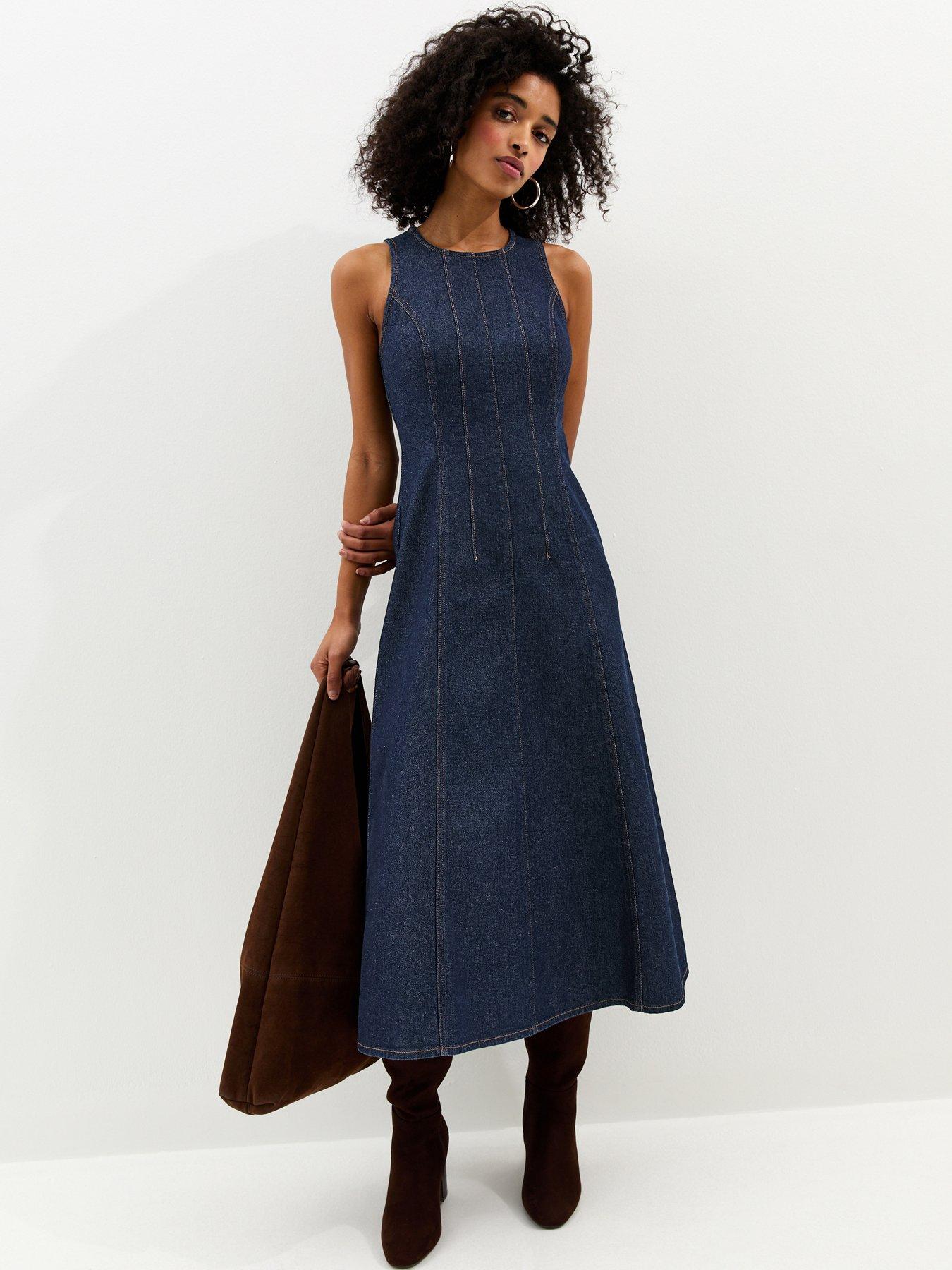 New Look Denim A-Line Sleeveless Midi Dress - Blue