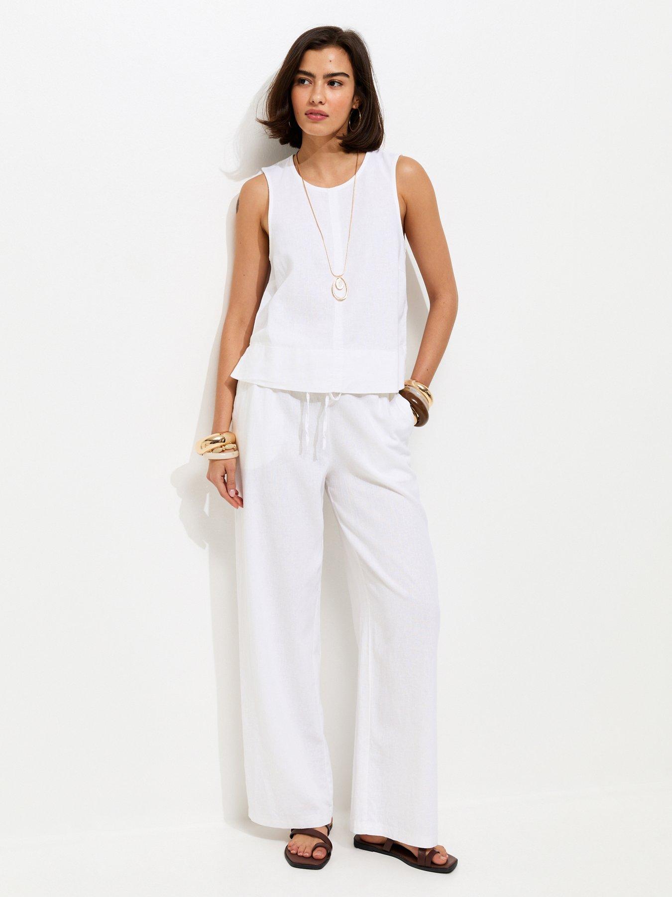 New Look White Linen Blend Drawstring Wide Leg Trousers