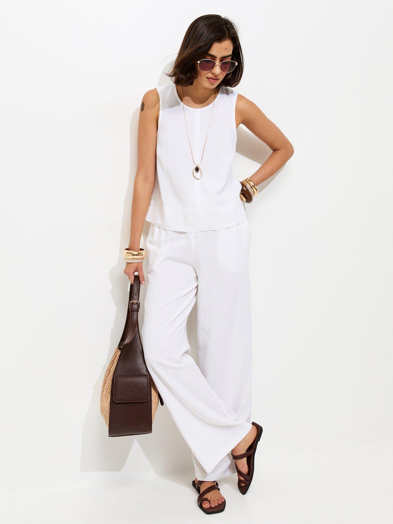 Image 3 of 5 of New Look White Linen Blend Drawstring Wide Leg Trousers