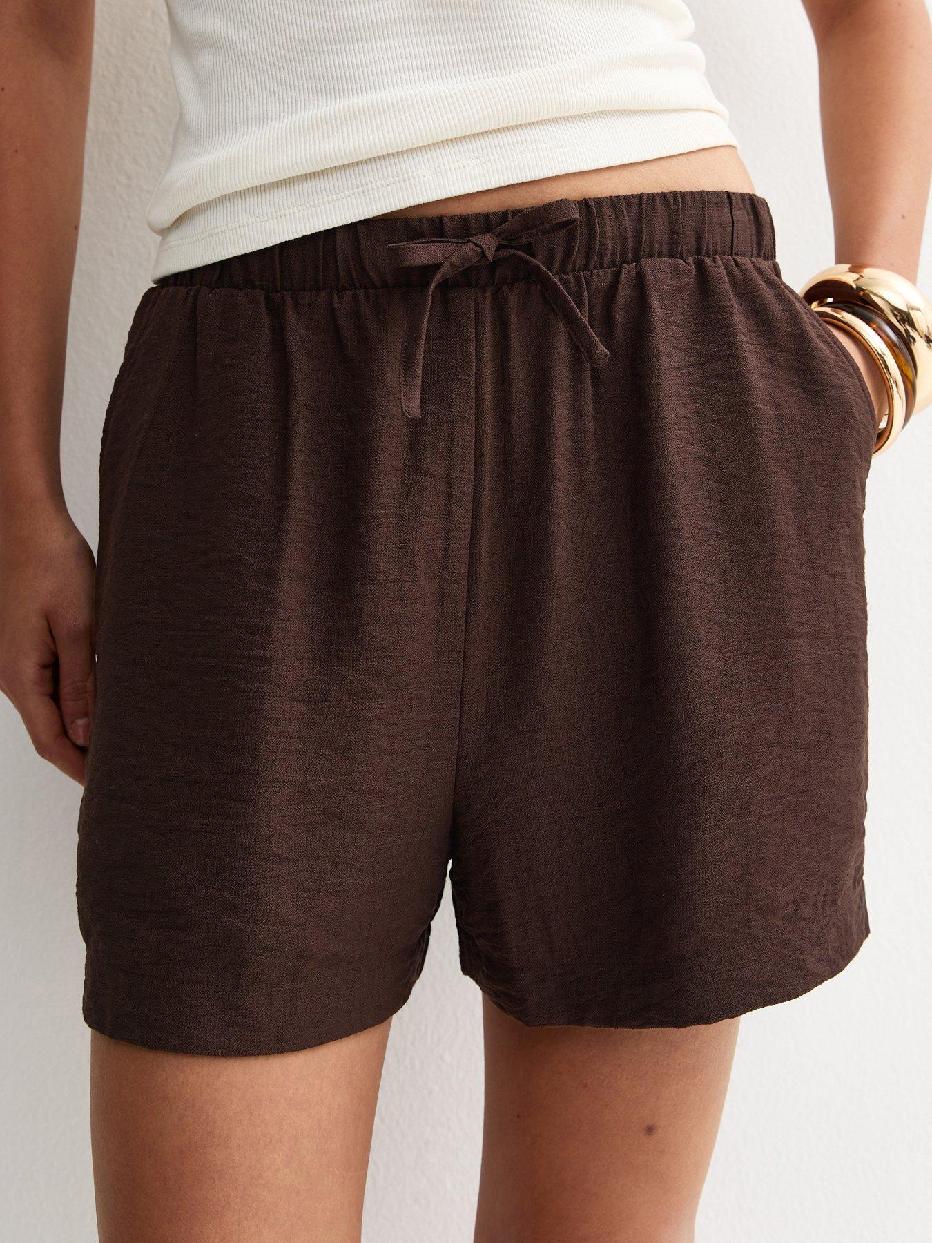  image of new-look-dark-brown-woven-drawstring-shorts