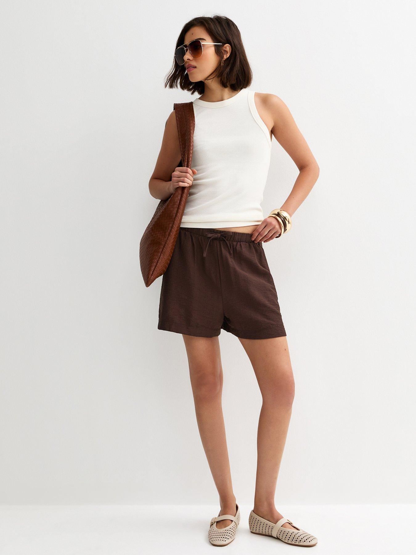  image of new-look-dark-brown-woven-drawstring-shorts