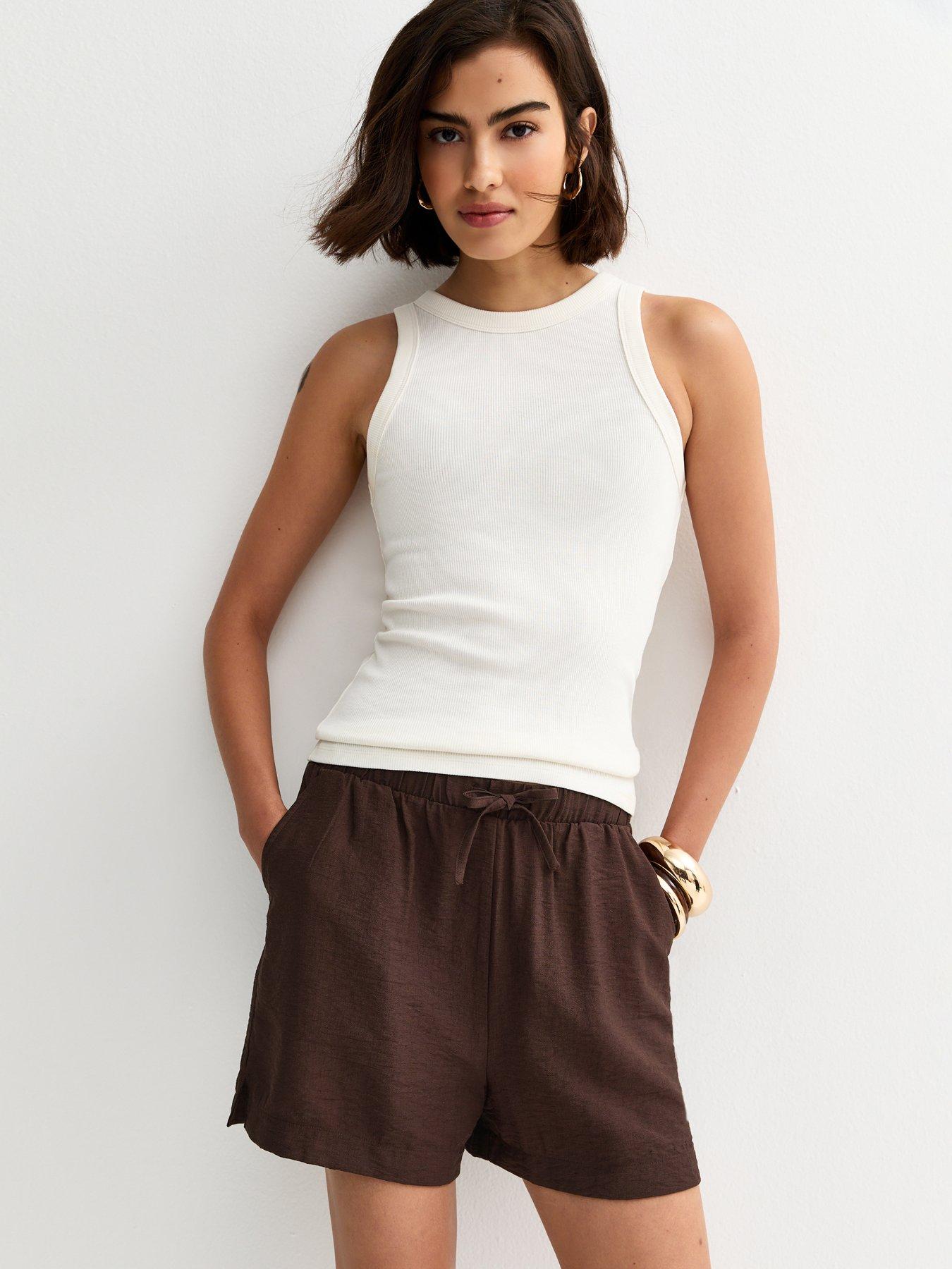  image of new-look-dark-brown-woven-drawstring-shorts