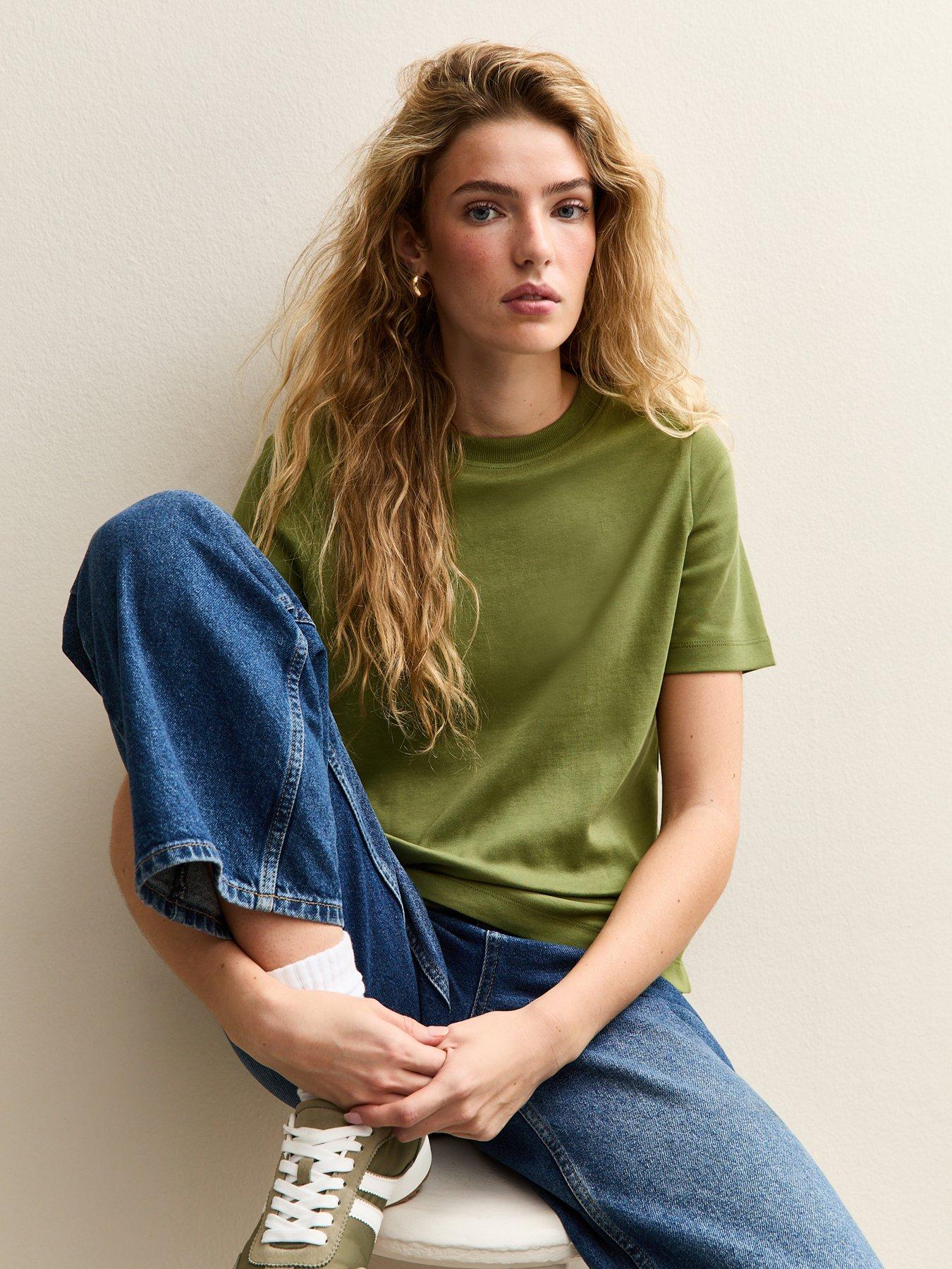 Image 1 of 5 of New Look Dark Khaki Premium Heavyweight Cotton T-Shirt - Green