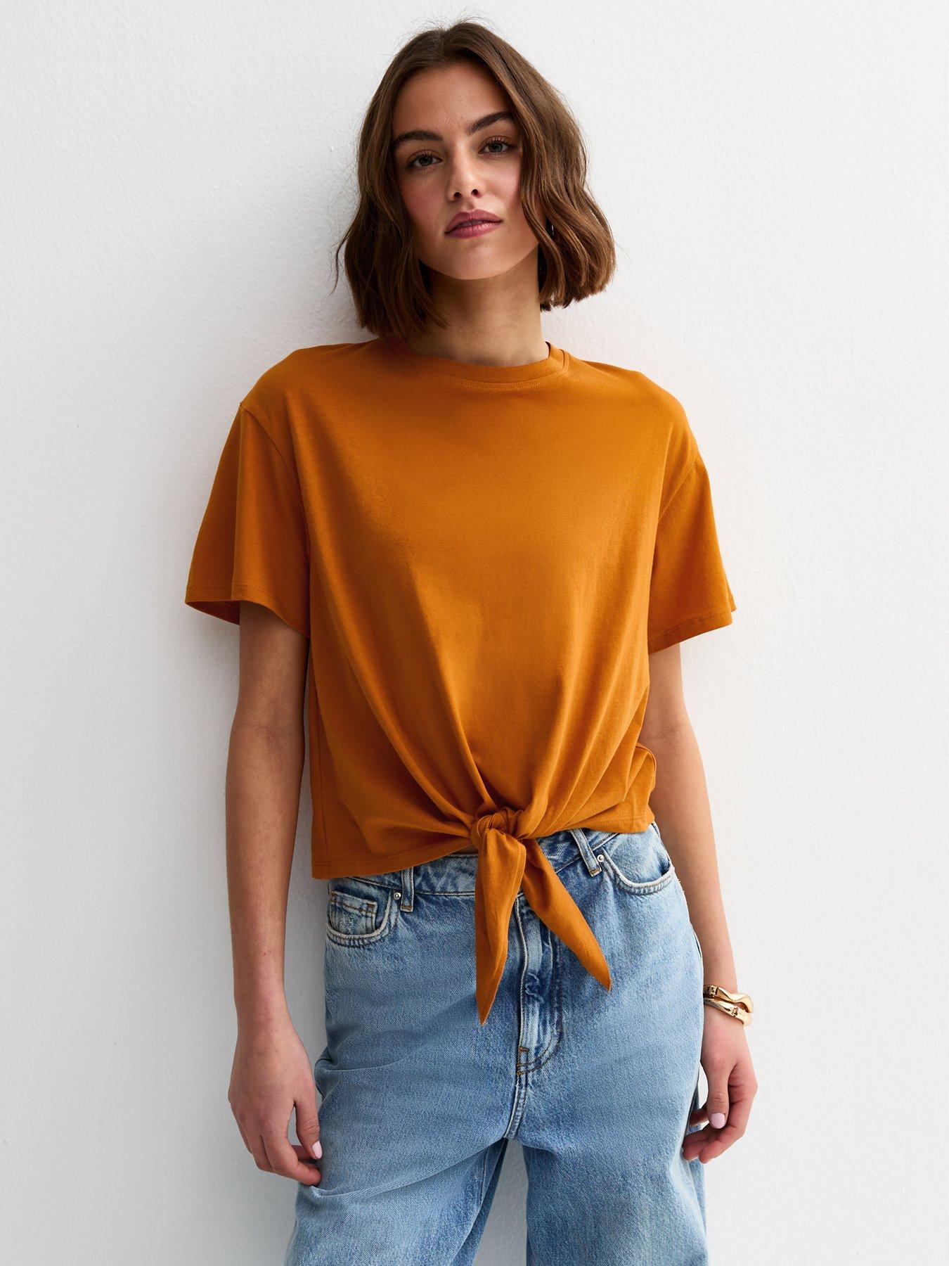 New Look Orange Cotton Tie Front T-Shirt - Yellow