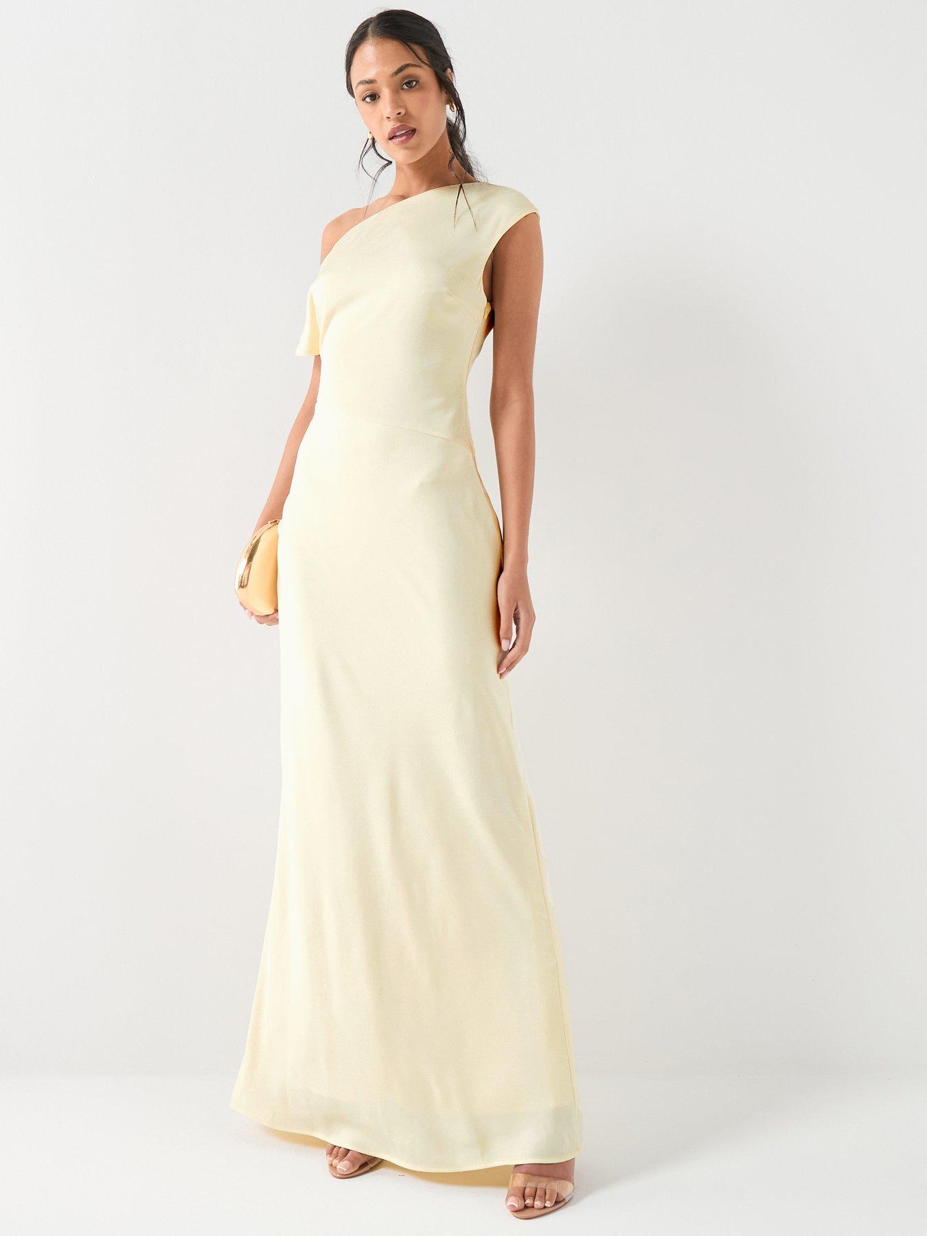 Six Stories Asymmetric Bardot Strap Satin Bridesmaid Dress - Lemon