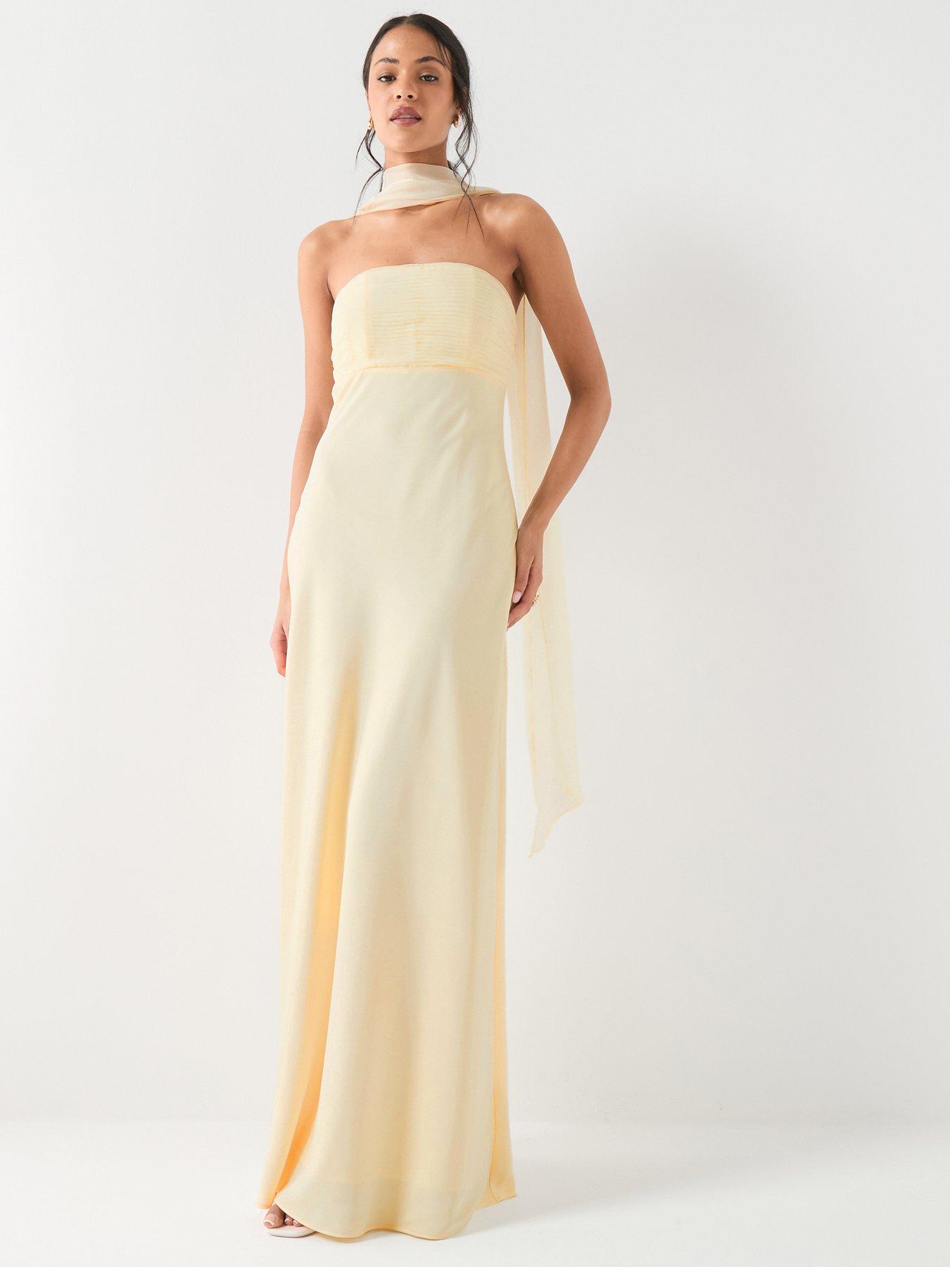 Six Stories Chiffon Bandeau Satin Maxi Dress - Lemon