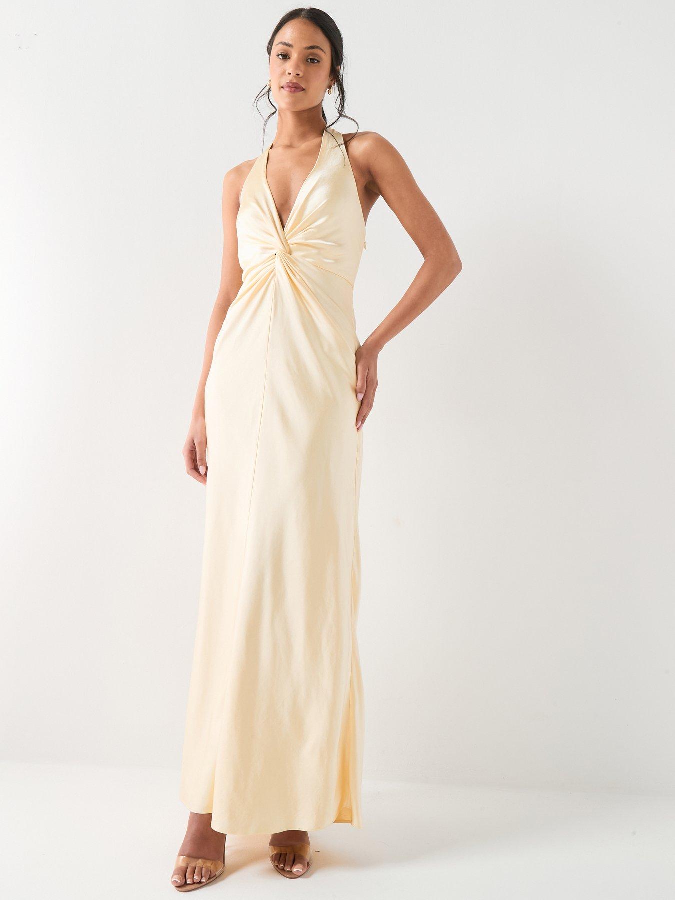 Six Stories Plunge Knot Detail Satin Bridesmaid Dress - Lemon