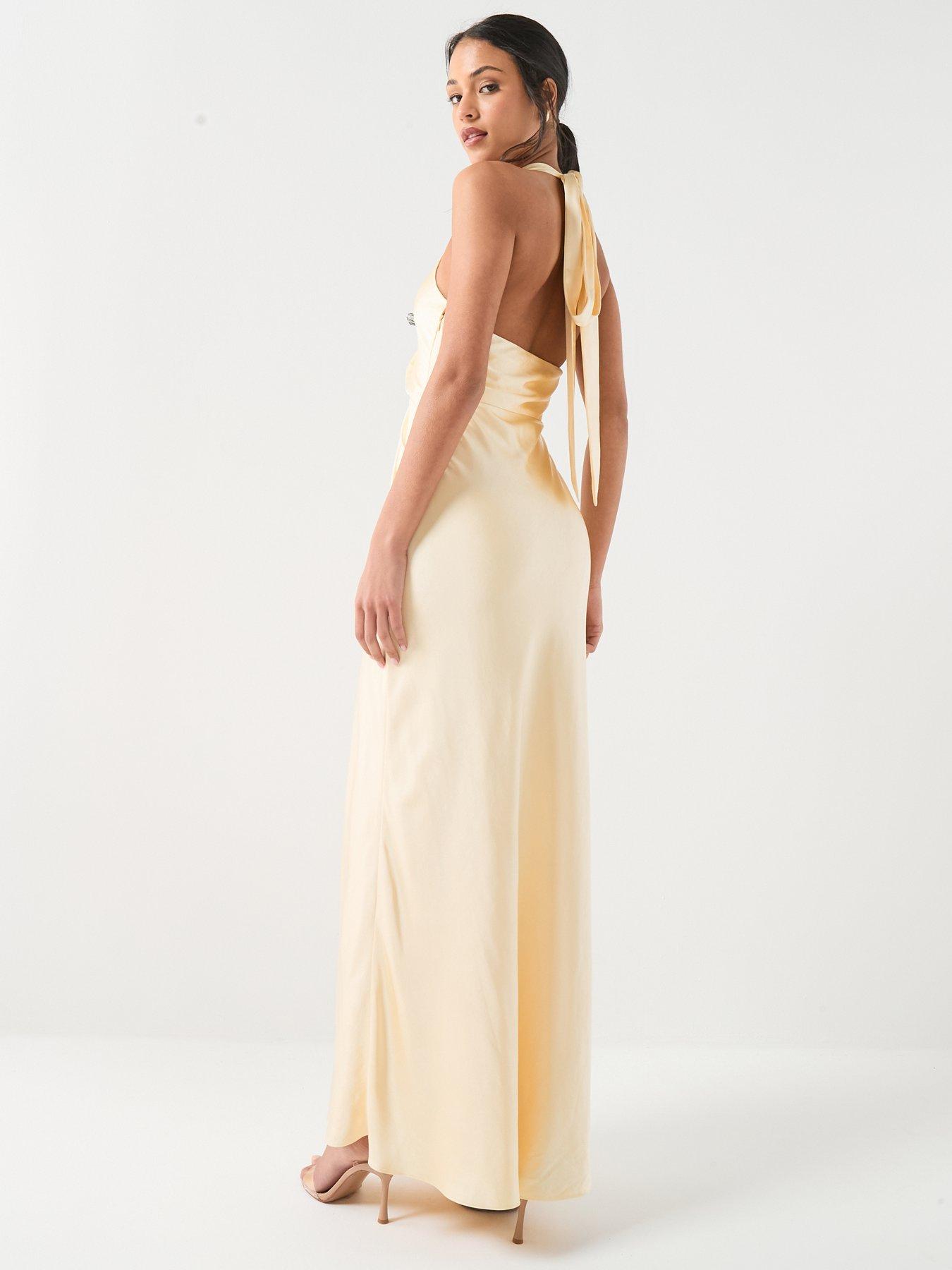 Six Stories Plunge Knot Detail Satin Bridesmaid Dress - Lemon