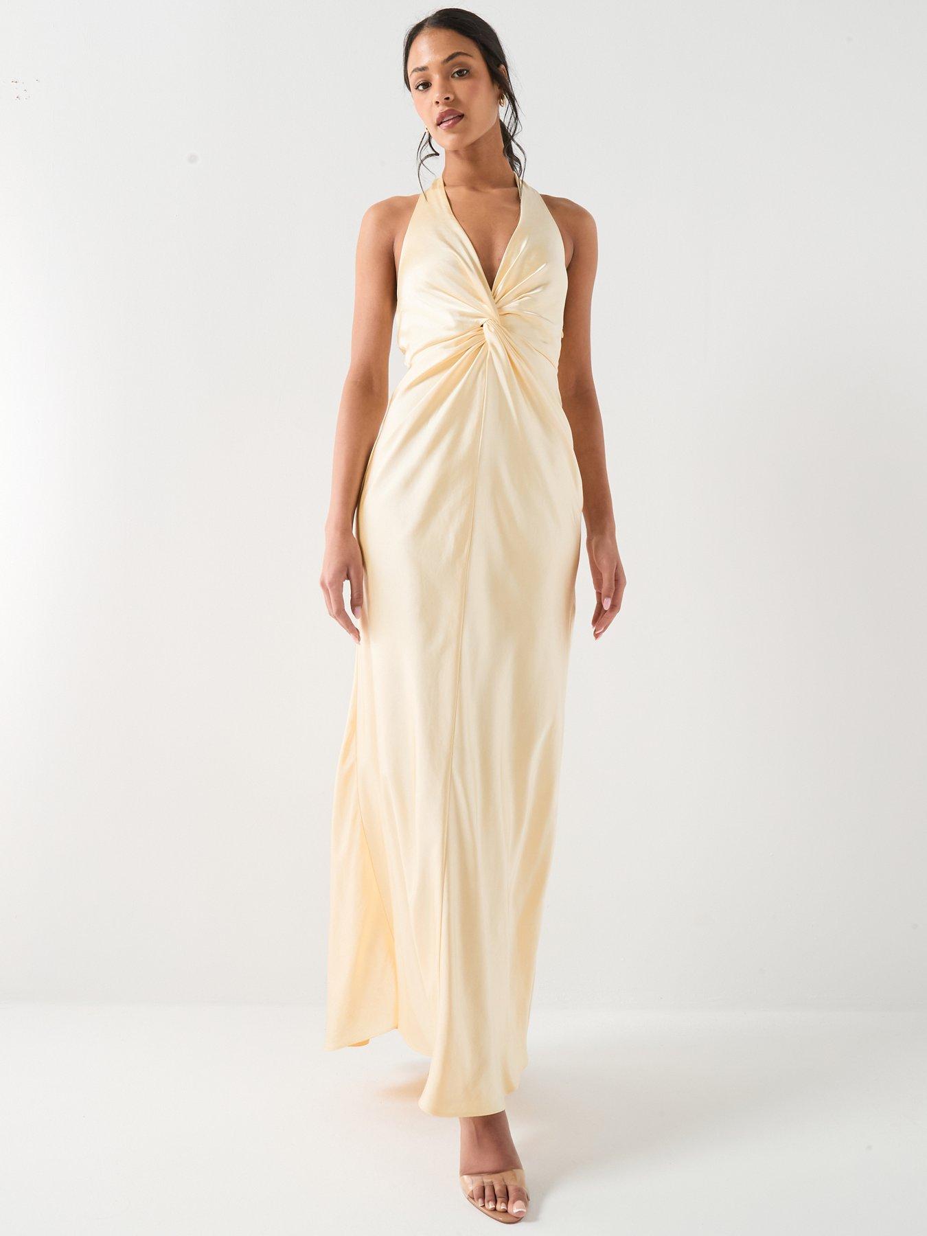 Six Stories Plunge Knot Detail Satin Bridesmaid Dress - Lemon | Littlewoods