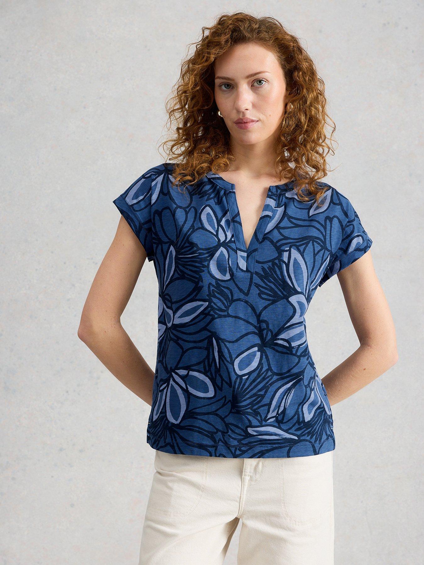White Stuff Nina Notch Neck T-Shirt - Blue