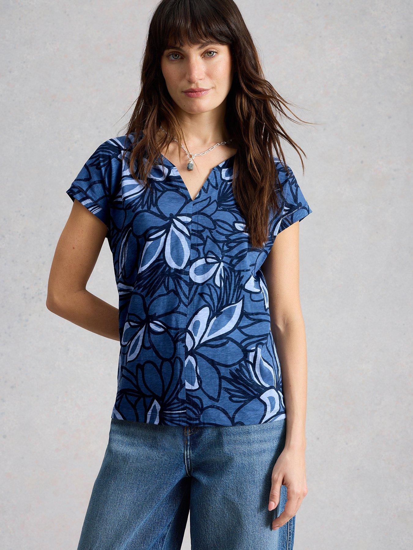 Image 1 of 6 of White Stuff Nelly Notch Neck T-Shirt - Blue