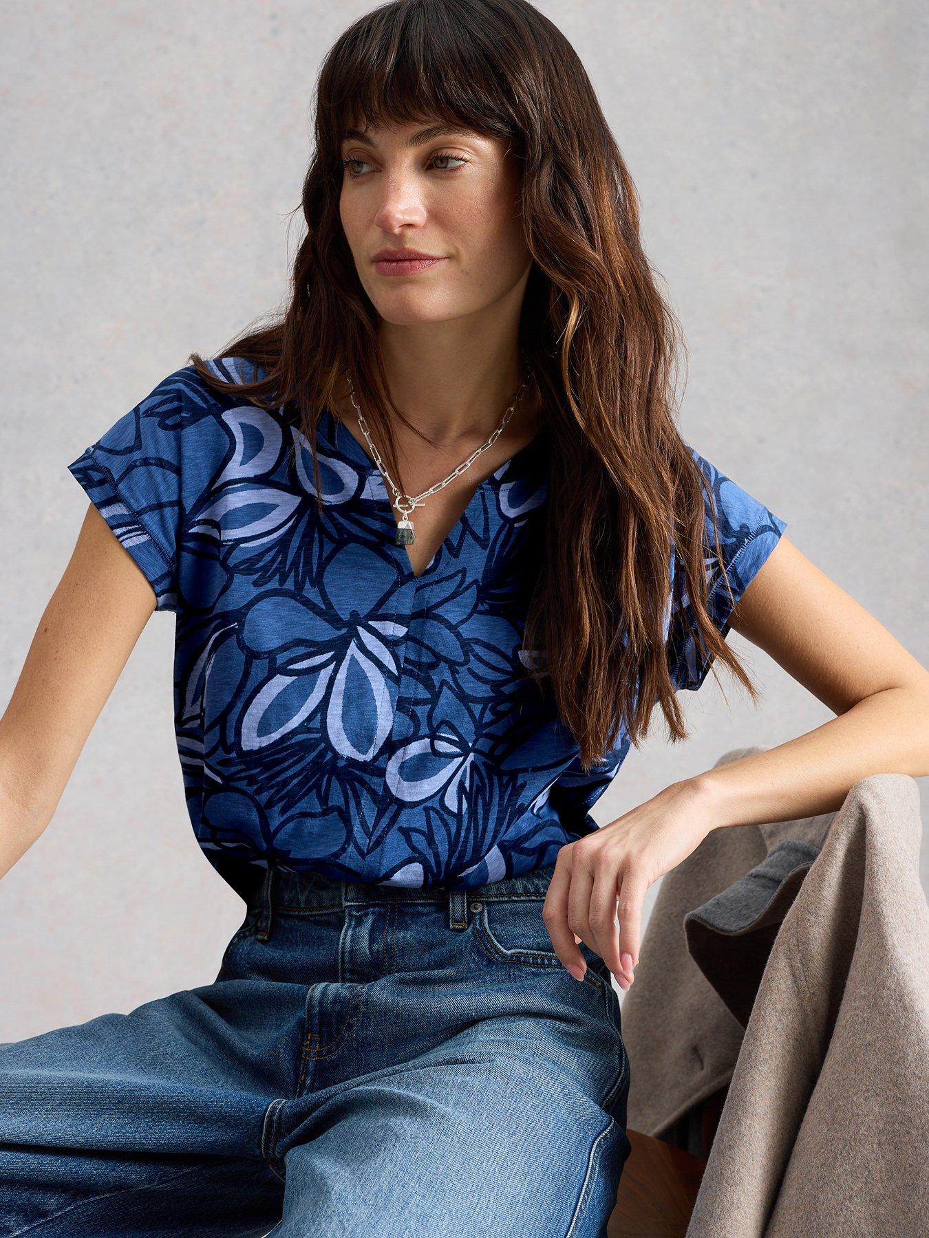 Image 4 of 6 of White Stuff Nelly Notch Neck T-Shirt - Blue
