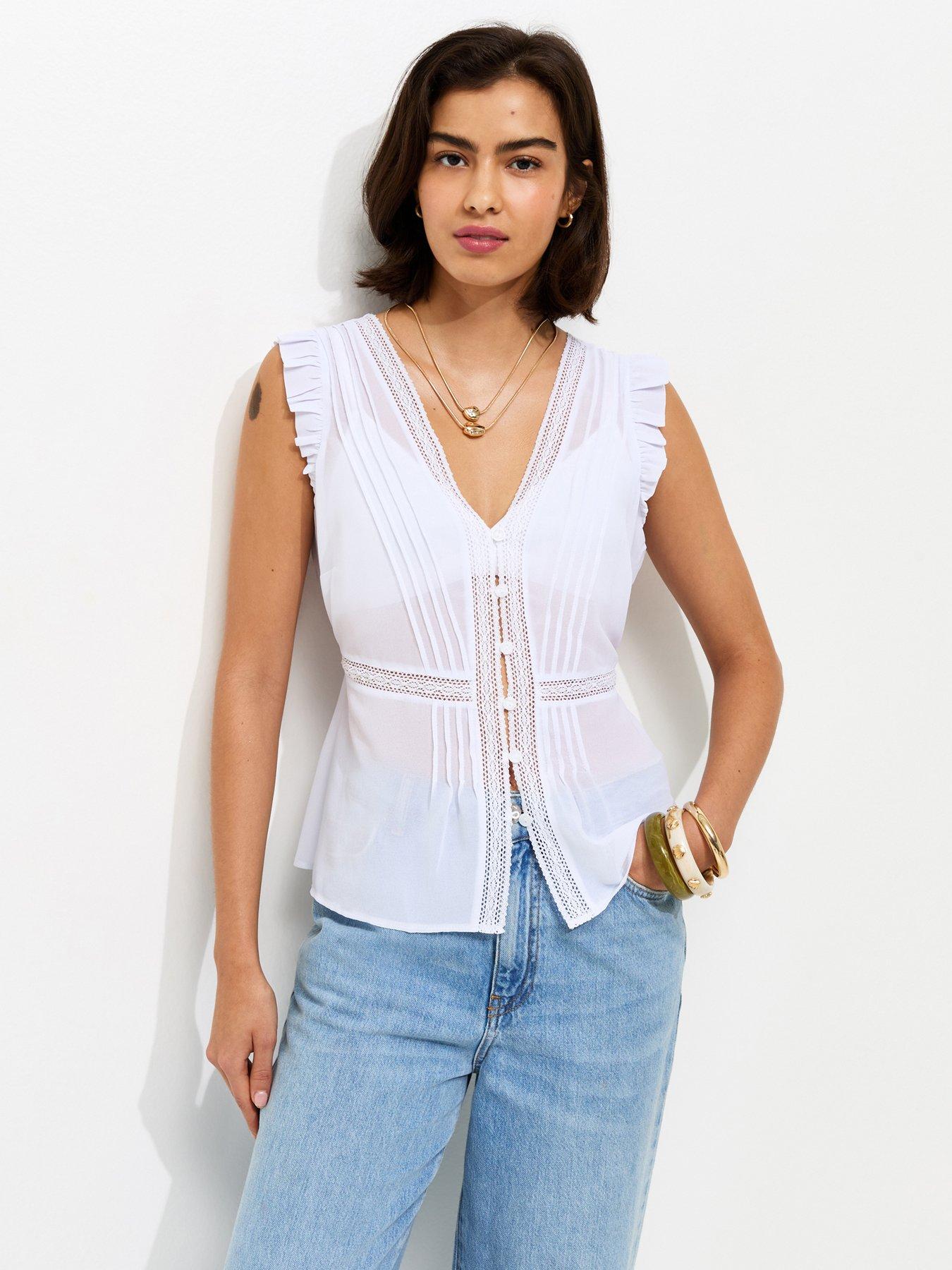 New Look Pintuck Lace Trim Semi-Sheer Top - Cream