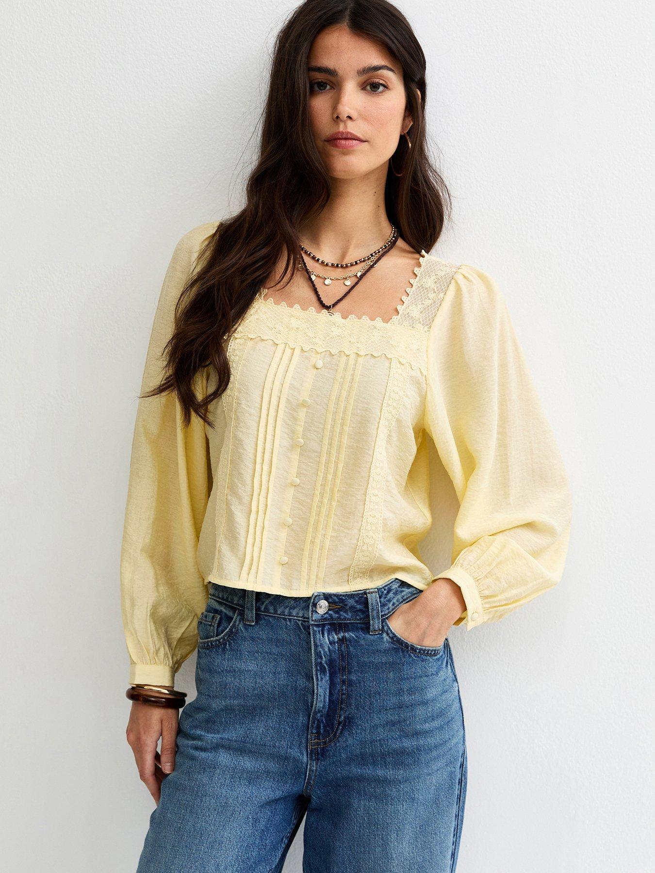 New Look Lace Trim Square Neck Blouse - Light Yellow