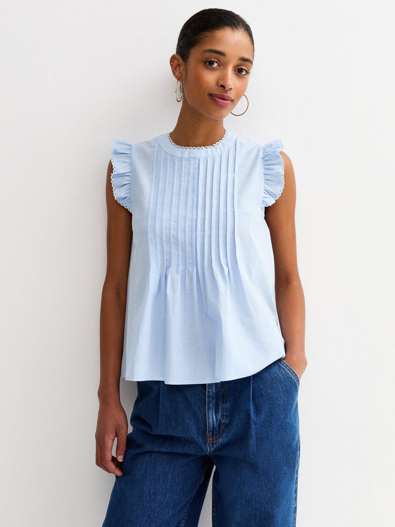 New Look Striped Pintuck Sleeveless Blouse - Blue