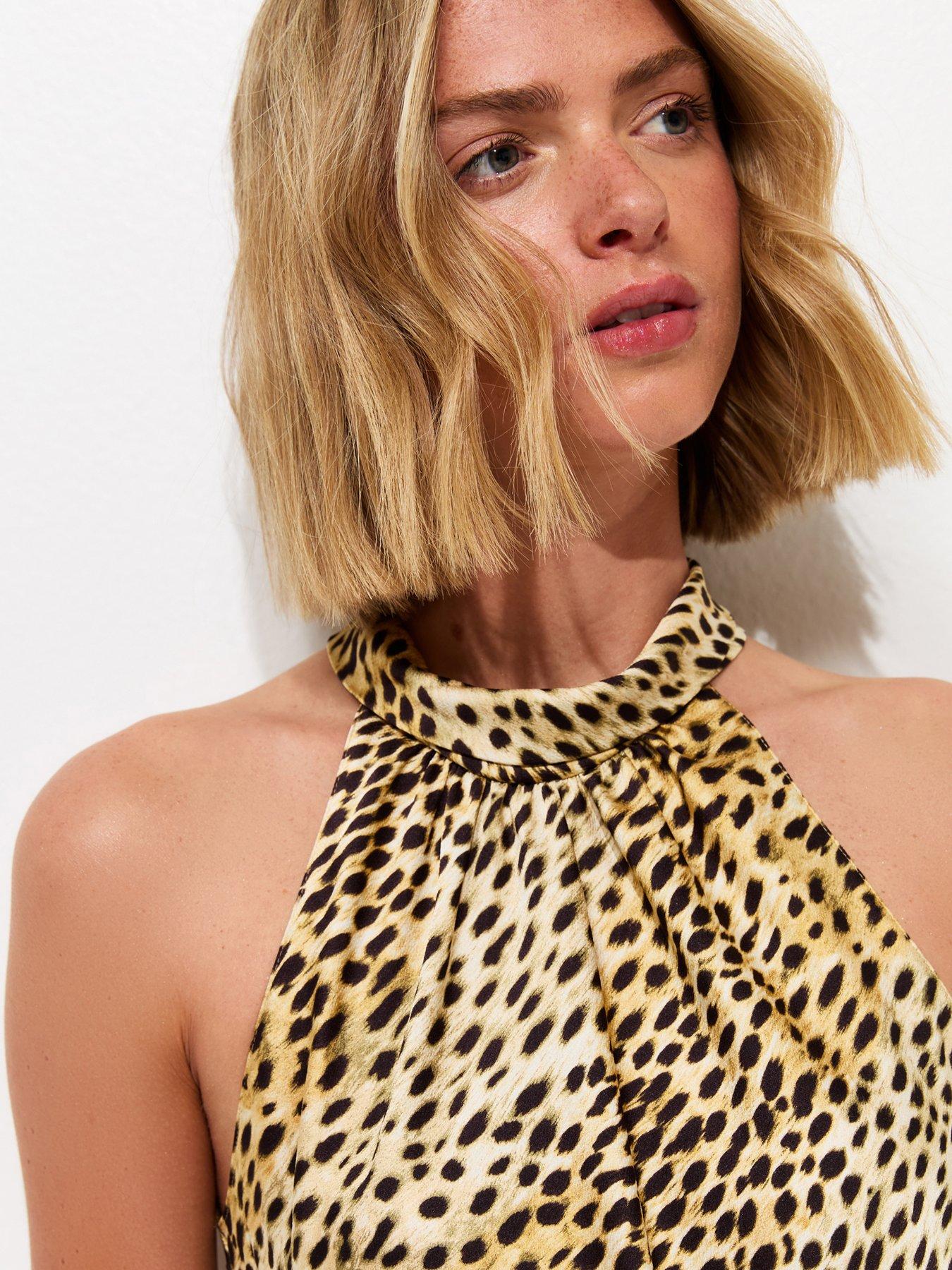Image 4 of 6 of New Look Animal Print Asymmetric Hem Halterneck Top - Brown
