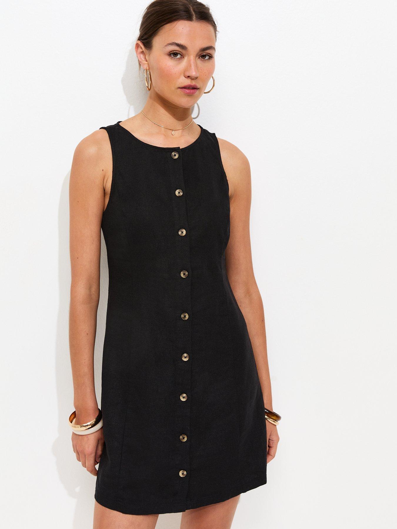 Image 1 of 5 of New Look Linen Blend Button Through Mini Dress - Black