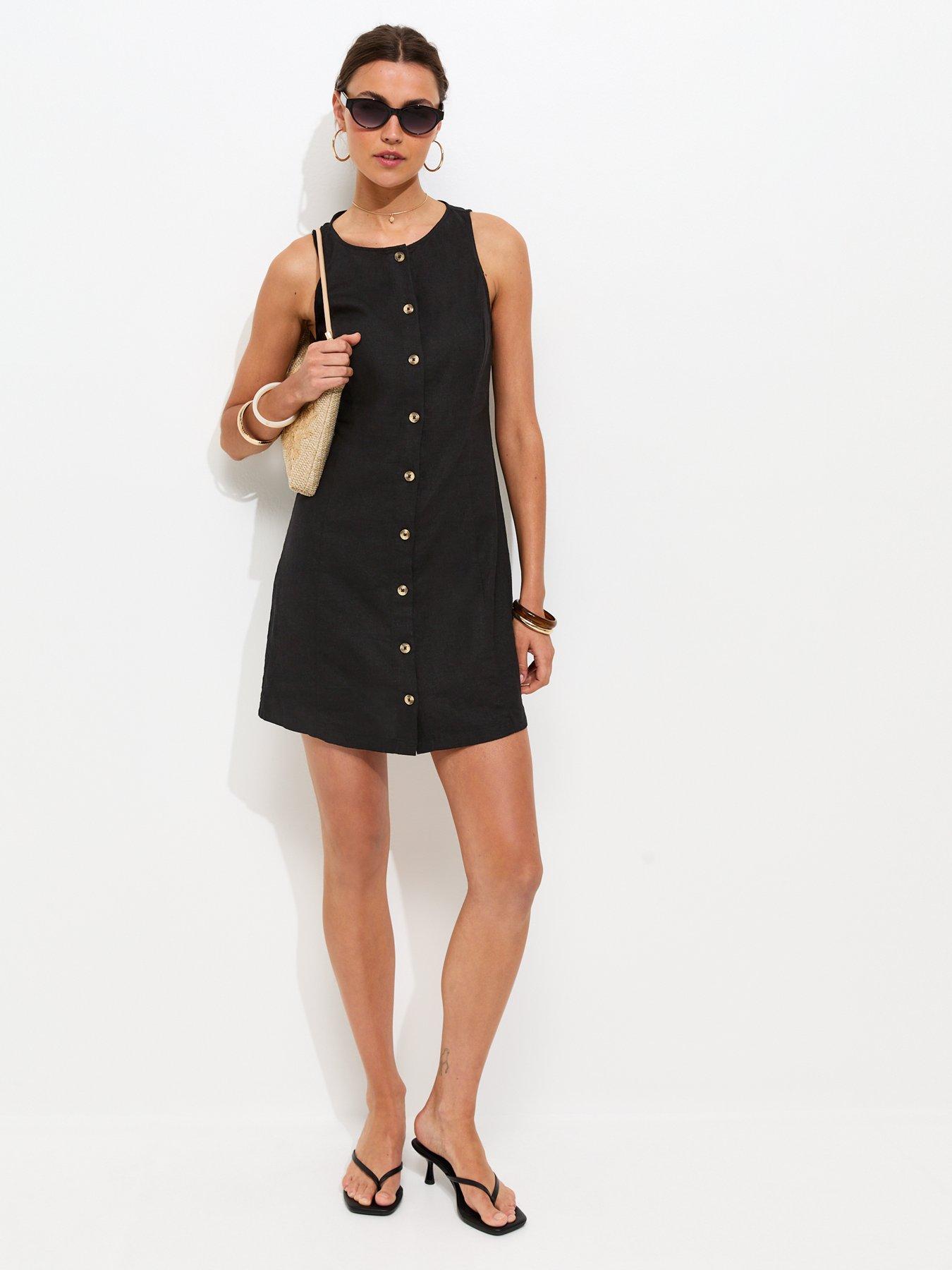 Image 3 of 5 of New Look Linen Blend Button Through Mini Dress - Black