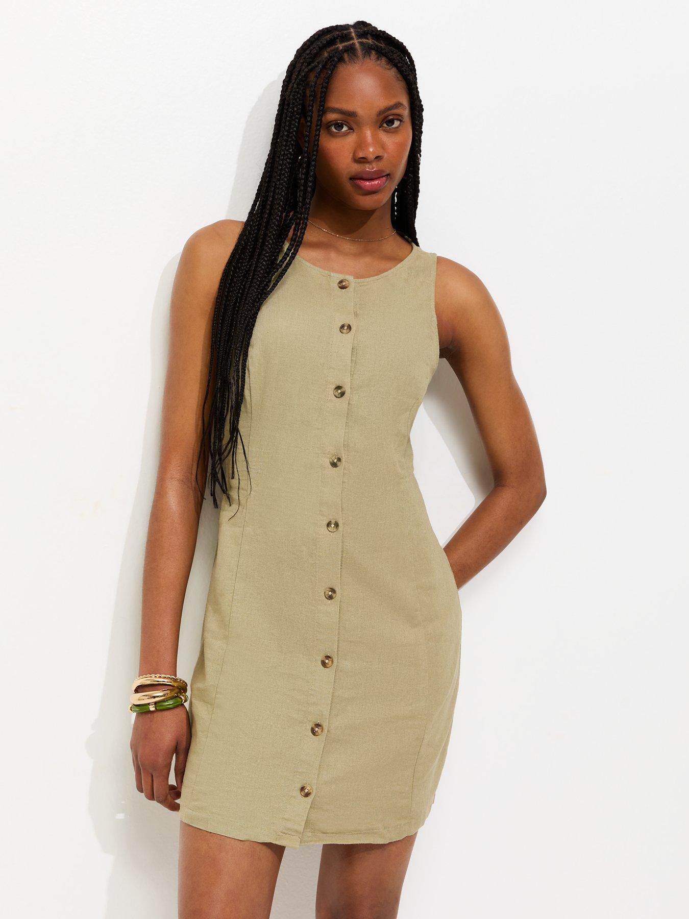 Image 1 of 5 of New Look Linen Blend Button Through Mini Dress - Light Khaki