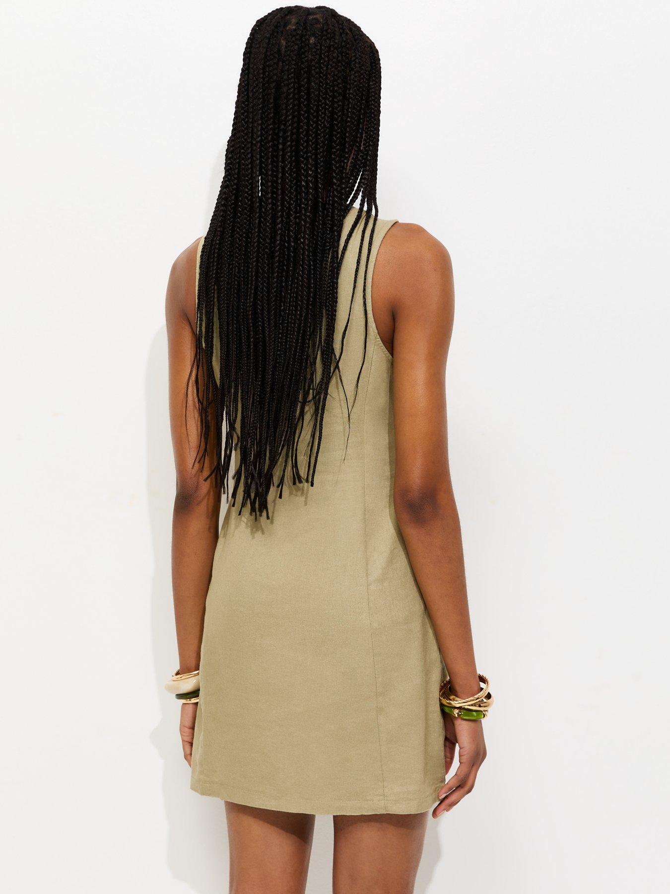 Image 2 of 5 of New Look Linen Blend Button Through Mini Dress - Light Khaki