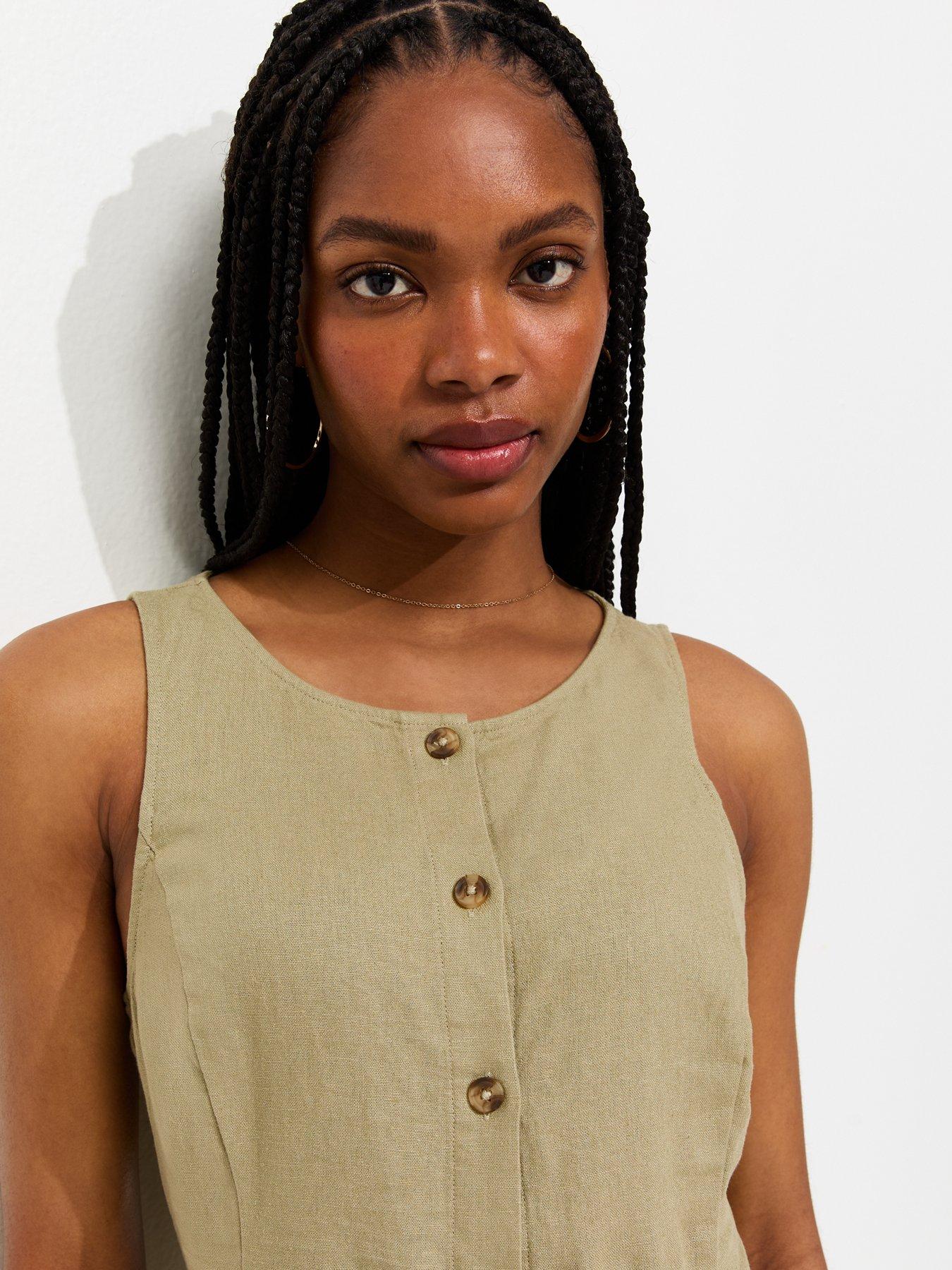 Image 4 of 5 of New Look Linen Blend Button Through Mini Dress - Light Khaki