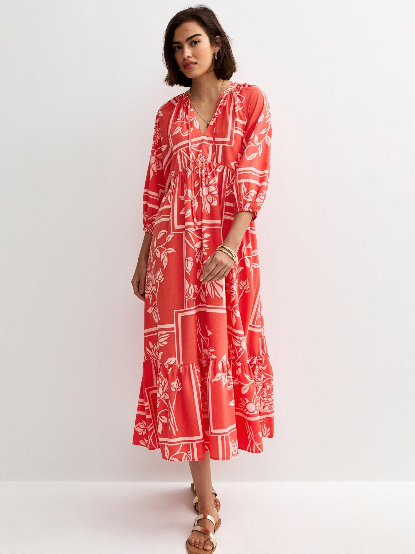 New Look Floral Smock Midi Dress - Red/Pink