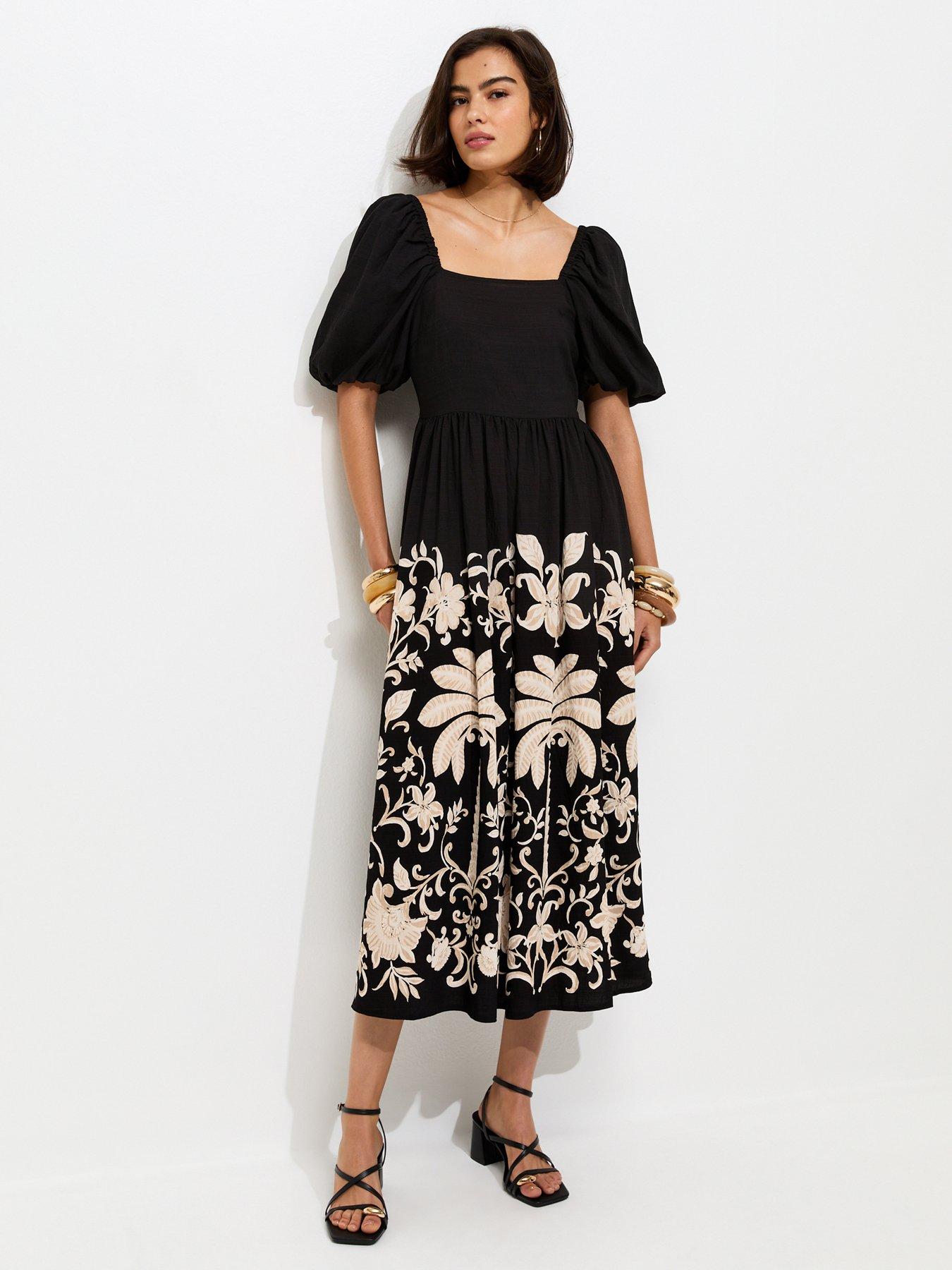 New Look Floral Border Print Milkmaid Midi Dress - Black