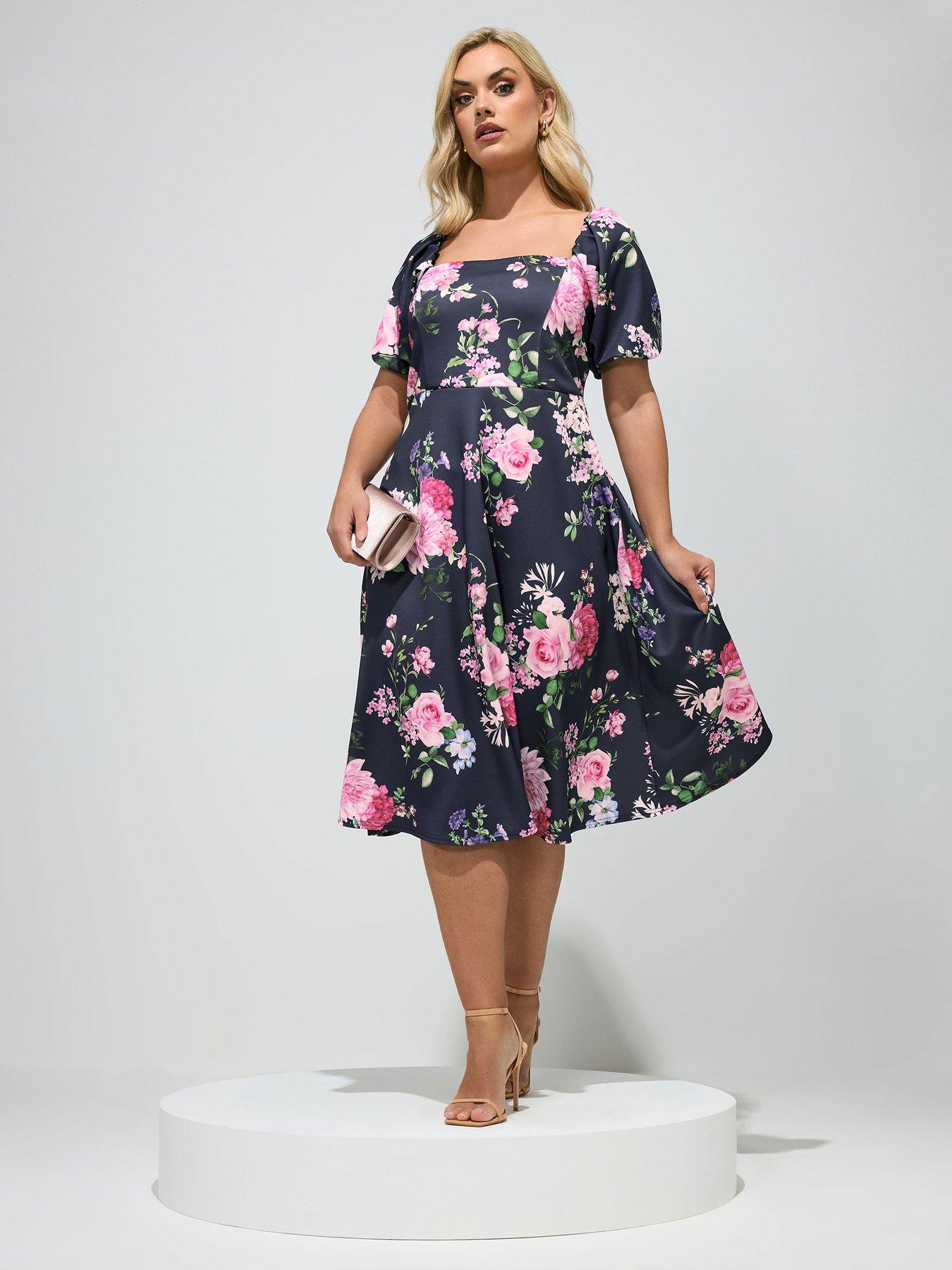 Yours Curve Floral Square Neck Skater Dress - Blue