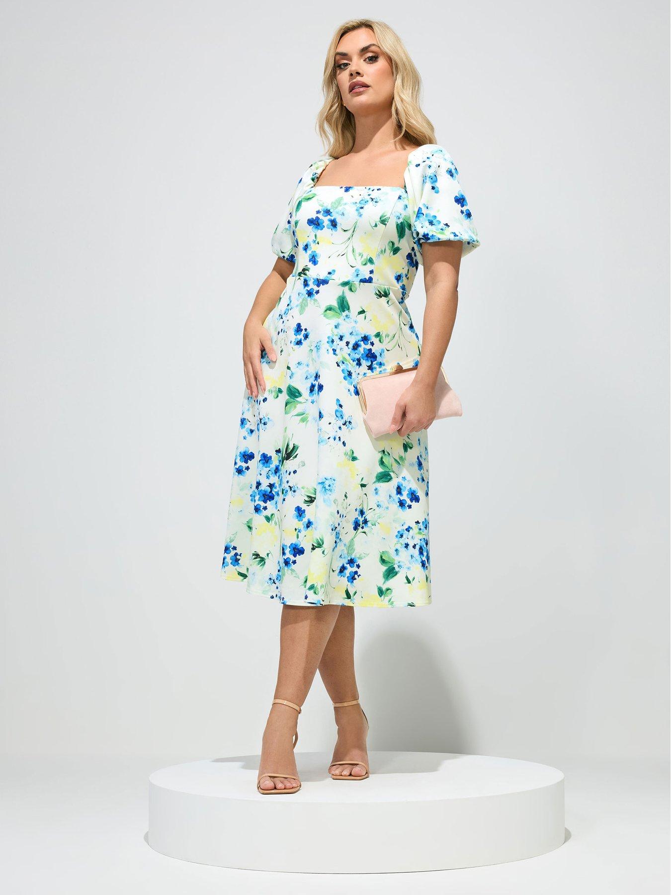 Yours Curve Floral Square Neck Skater Dress - White