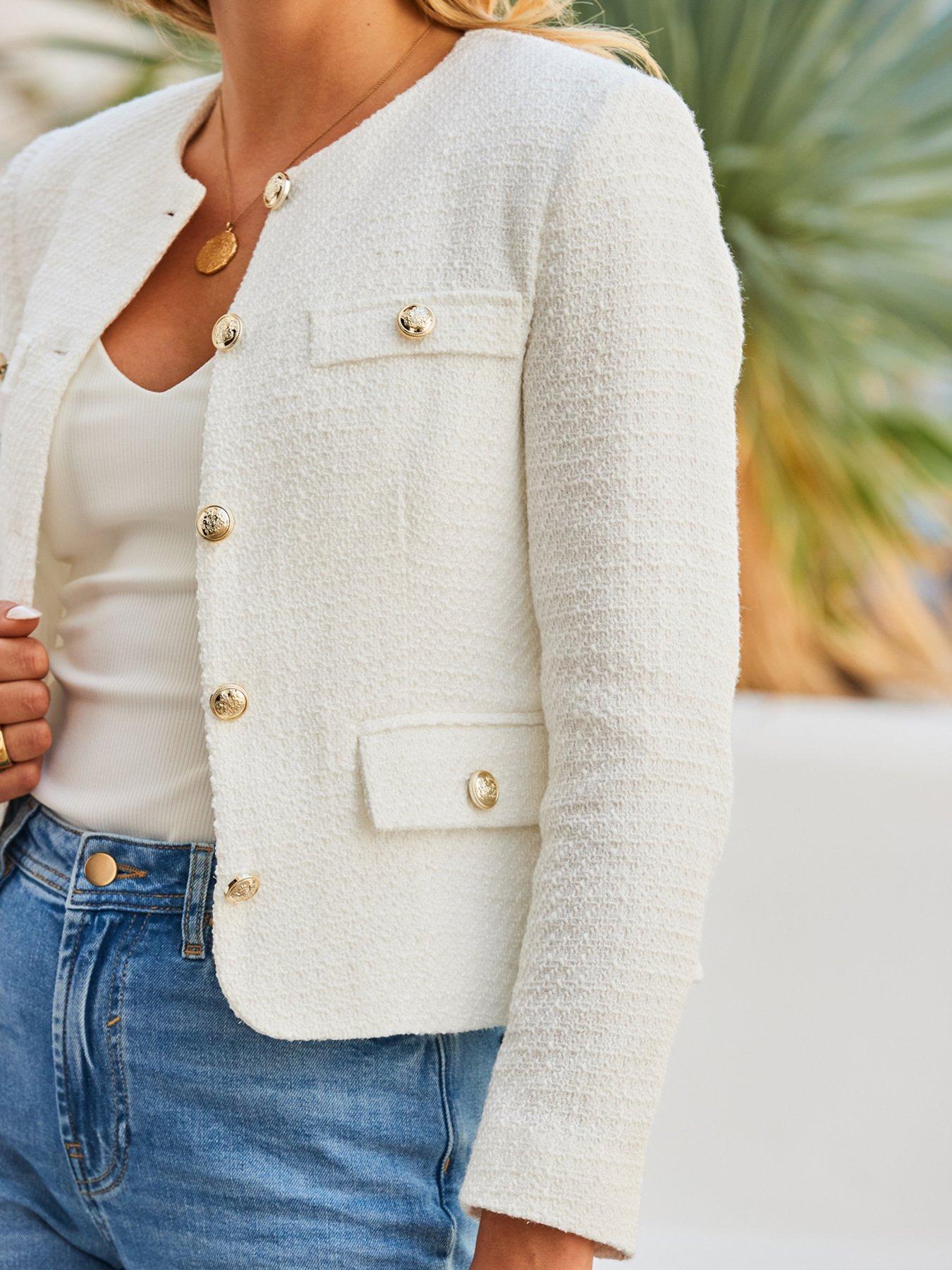 Image 5 of 6 of Sosandar Boucle Collarless Jacket - White