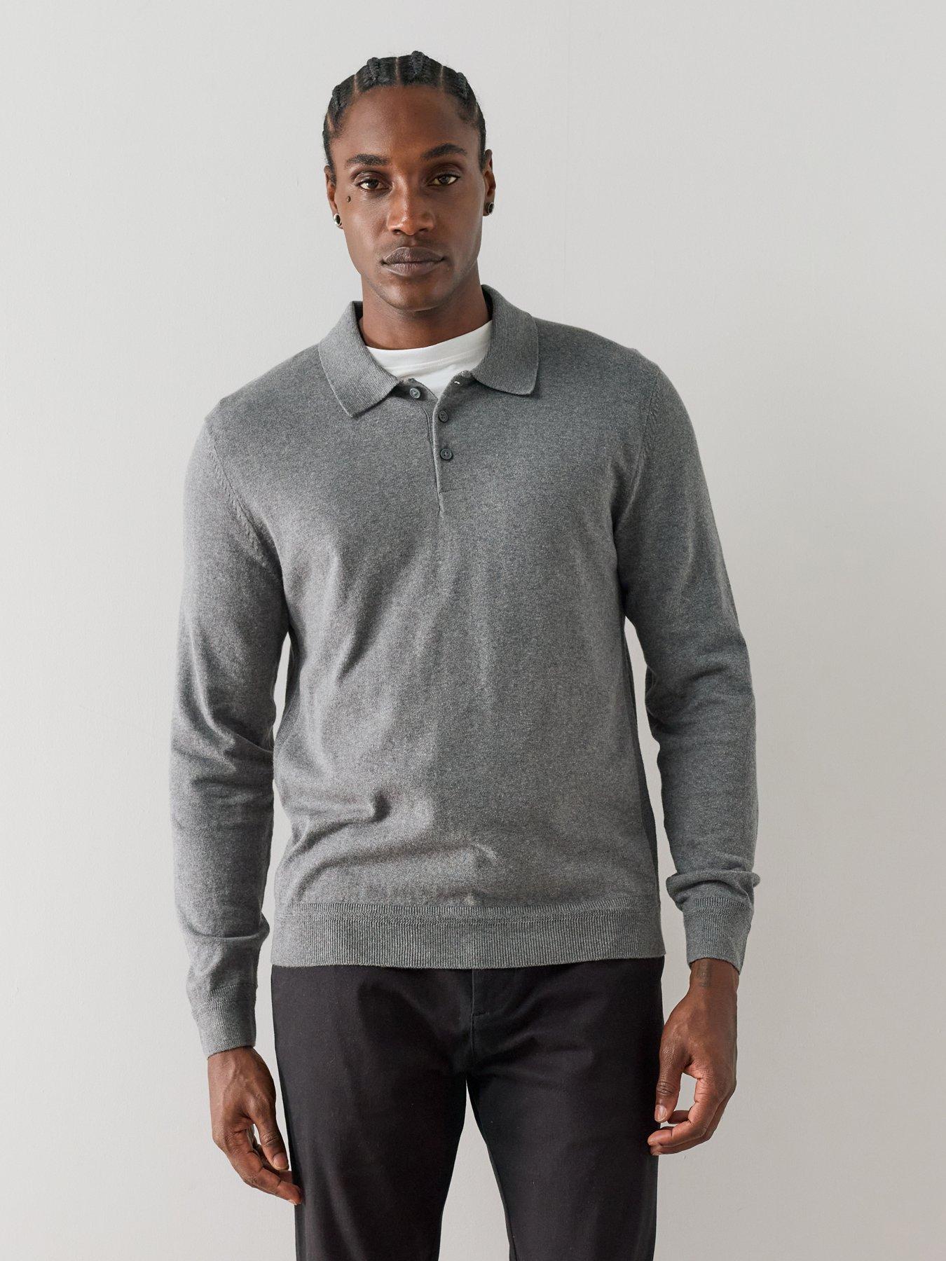 Image 1 of 7 of The Very Collection Cotton Rich Long Sleeve Polo Jumper - Charcoal