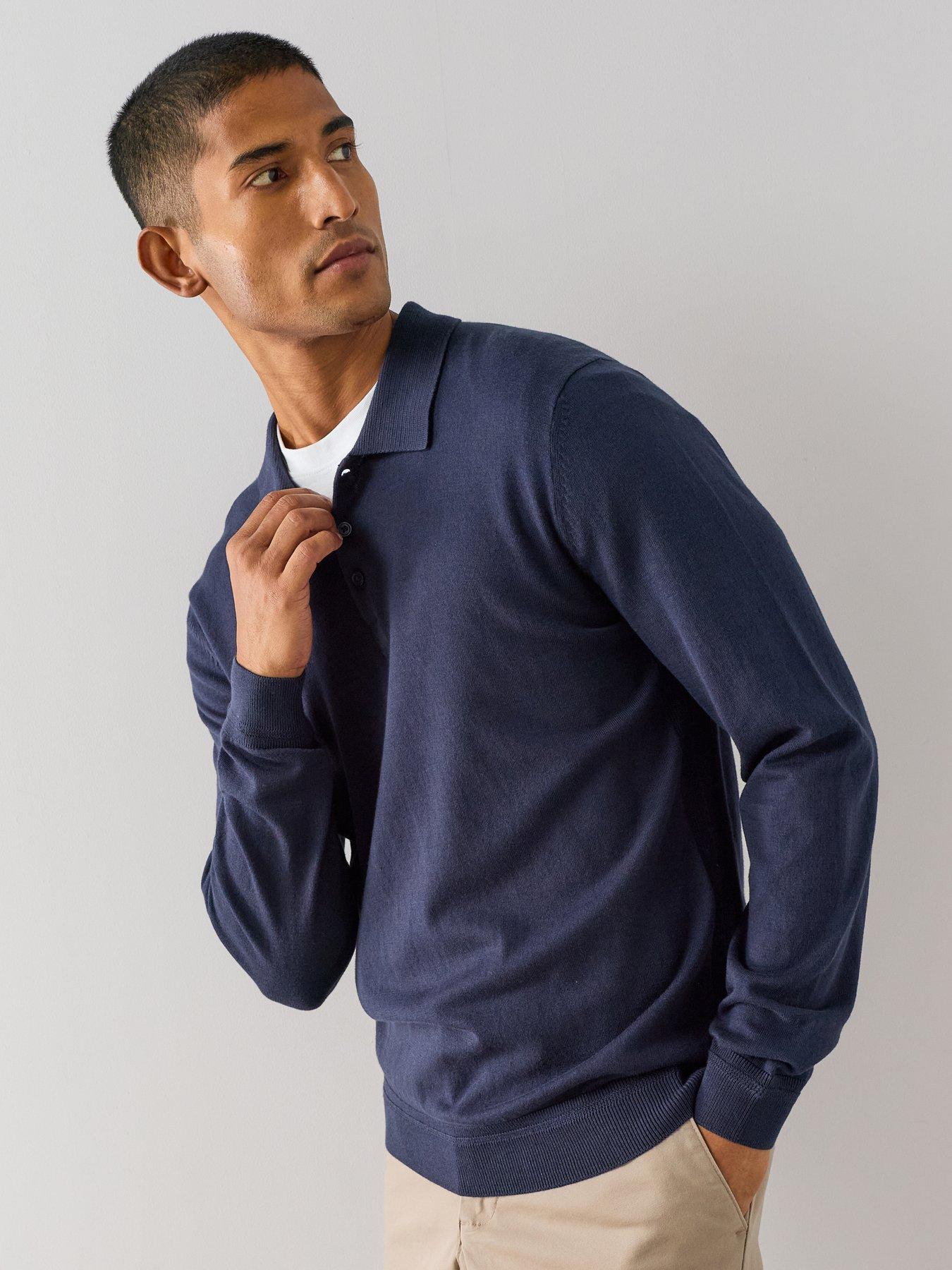 Image 1 of 7 of The Very Collection Cotton Rich Long Sleeve Polo Jumper - Navy