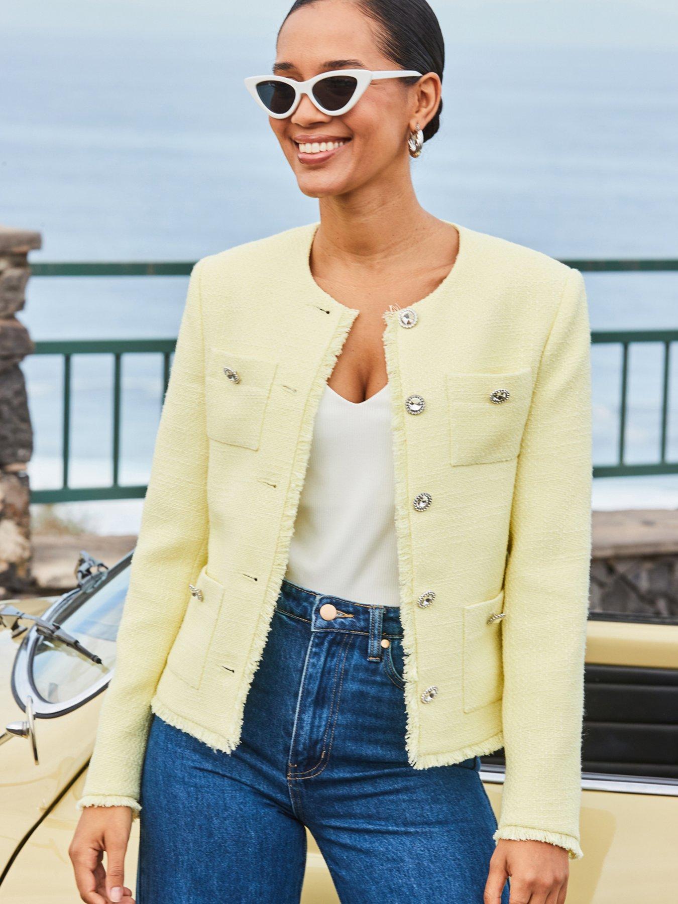  image of sosandar-boucle-jacket-with-embellished-buttons-yellow