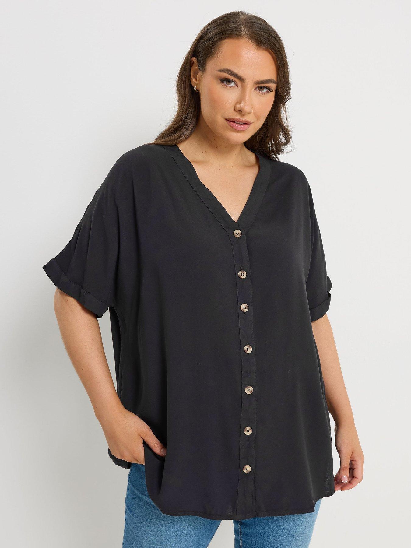 front image of yours-curve-button-through-chambray-blouse-black