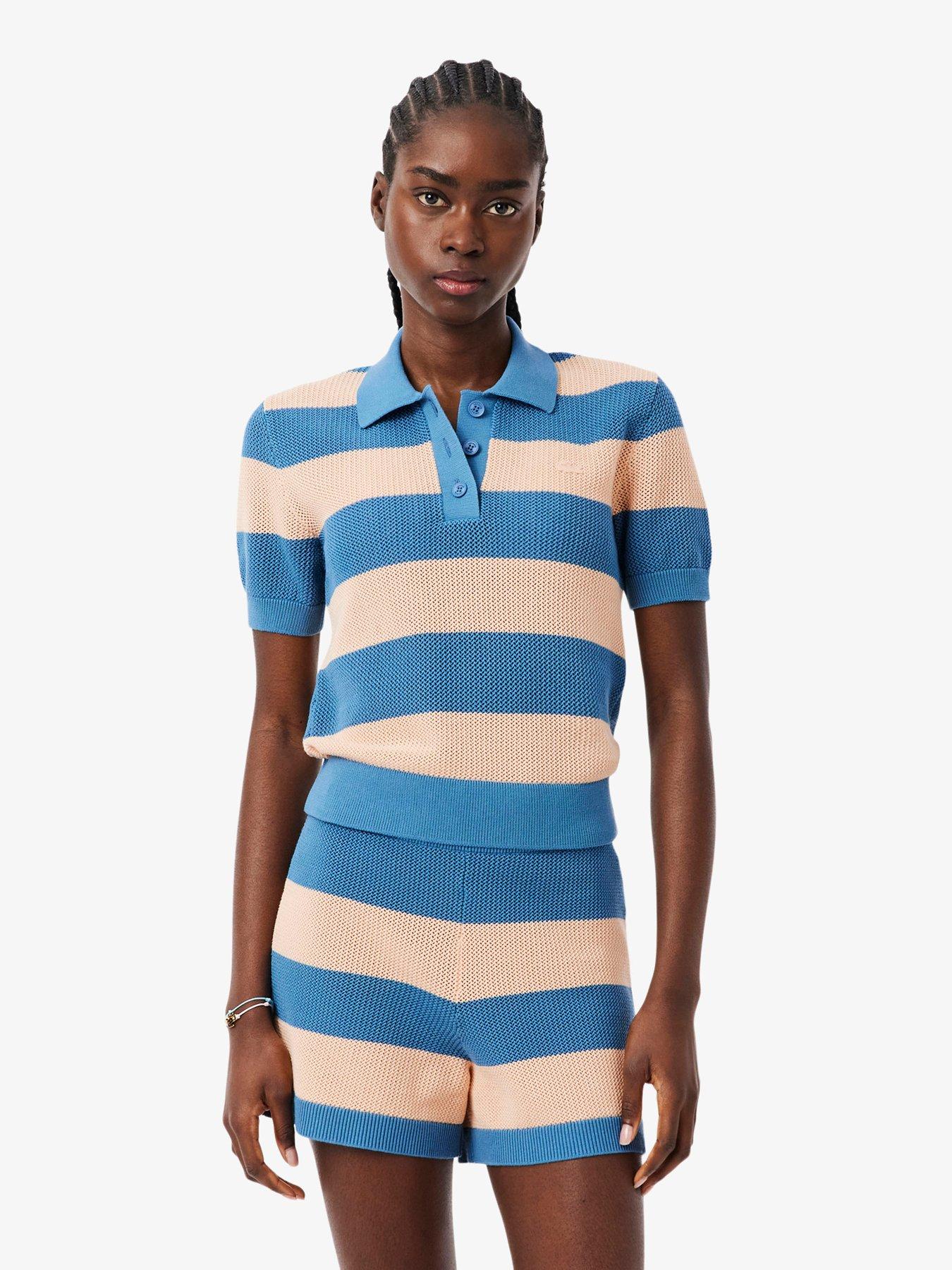 Lacoste Striped Polo Top - Blue/Peach