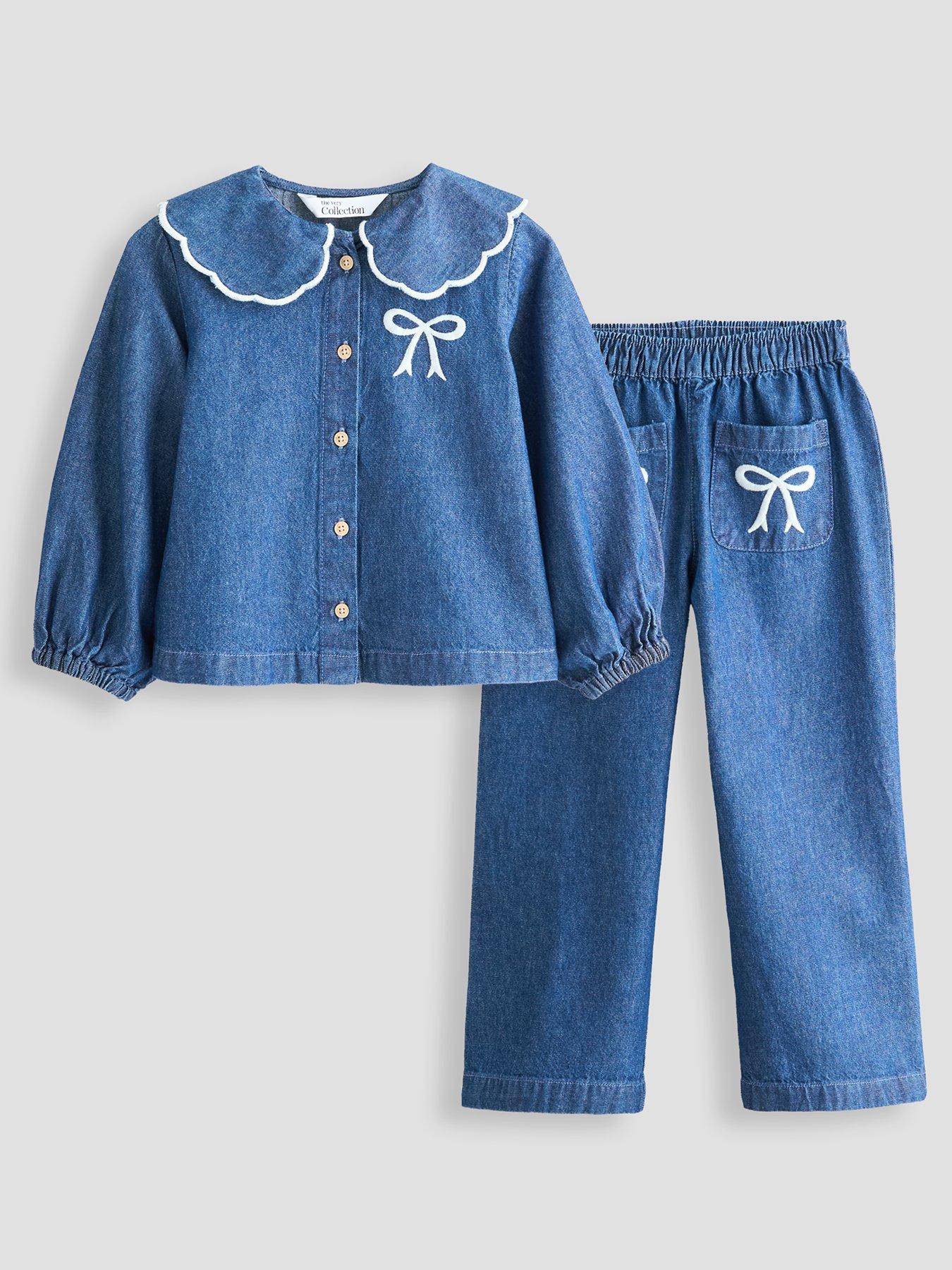 Image 1 of 5 of The Very Collection Girls Button-Up Denim Outfit with Contrast Collar and Bow Details (9-12 months - 6-7 years) - Blue