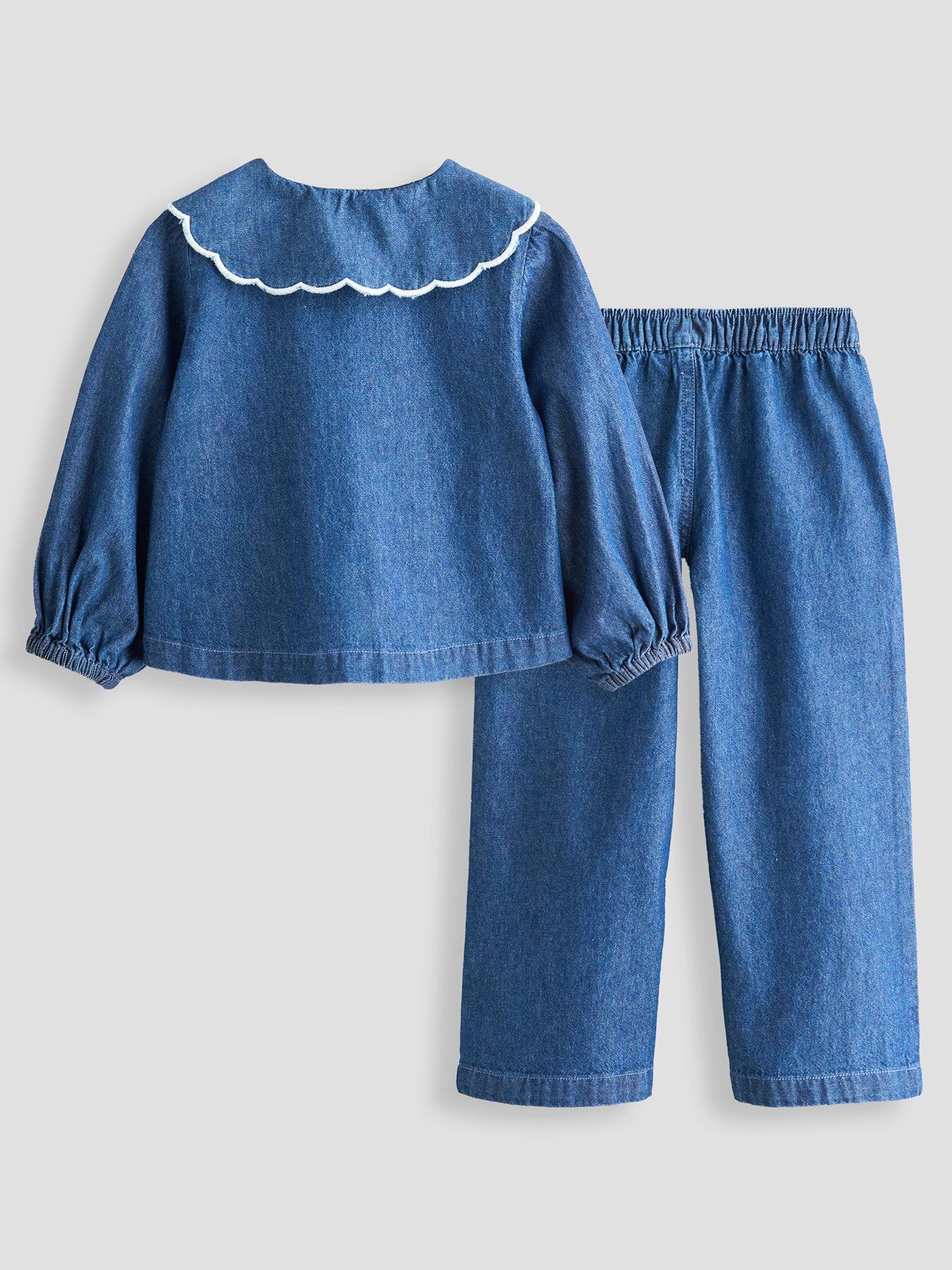 Image 2 of 5 of The Very Collection Girls Button-Up Denim Outfit with Contrast Collar and Bow Details (9-12 months - 6-7 years) - Blue