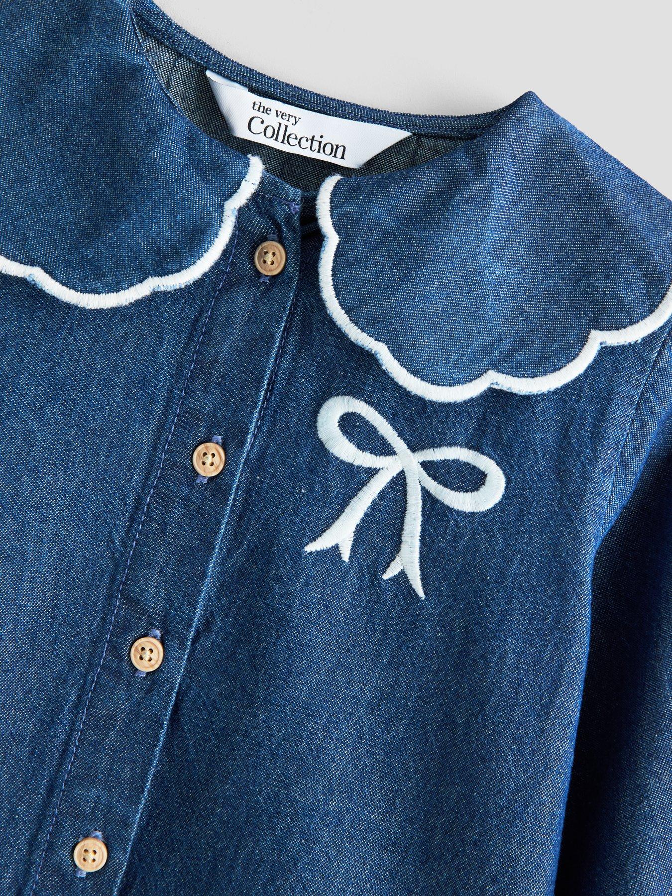 Image 3 of 5 of The Very Collection Girls Button-Up Denim Outfit with Contrast Collar and Bow Details (9-12 months - 6-7 years) - Blue