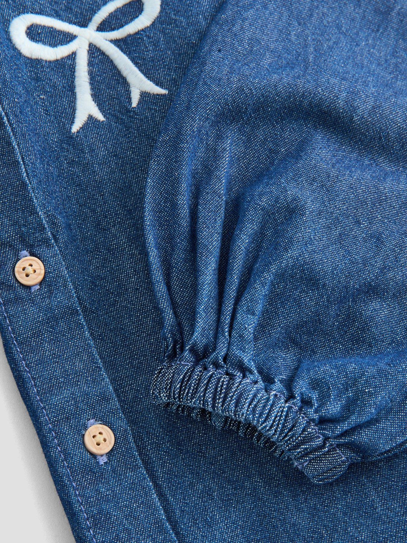 Image 4 of 5 of The Very Collection Girls Button-Up Denim Outfit with Contrast Collar and Bow Details (9-12 months - 6-7 years) - Blue