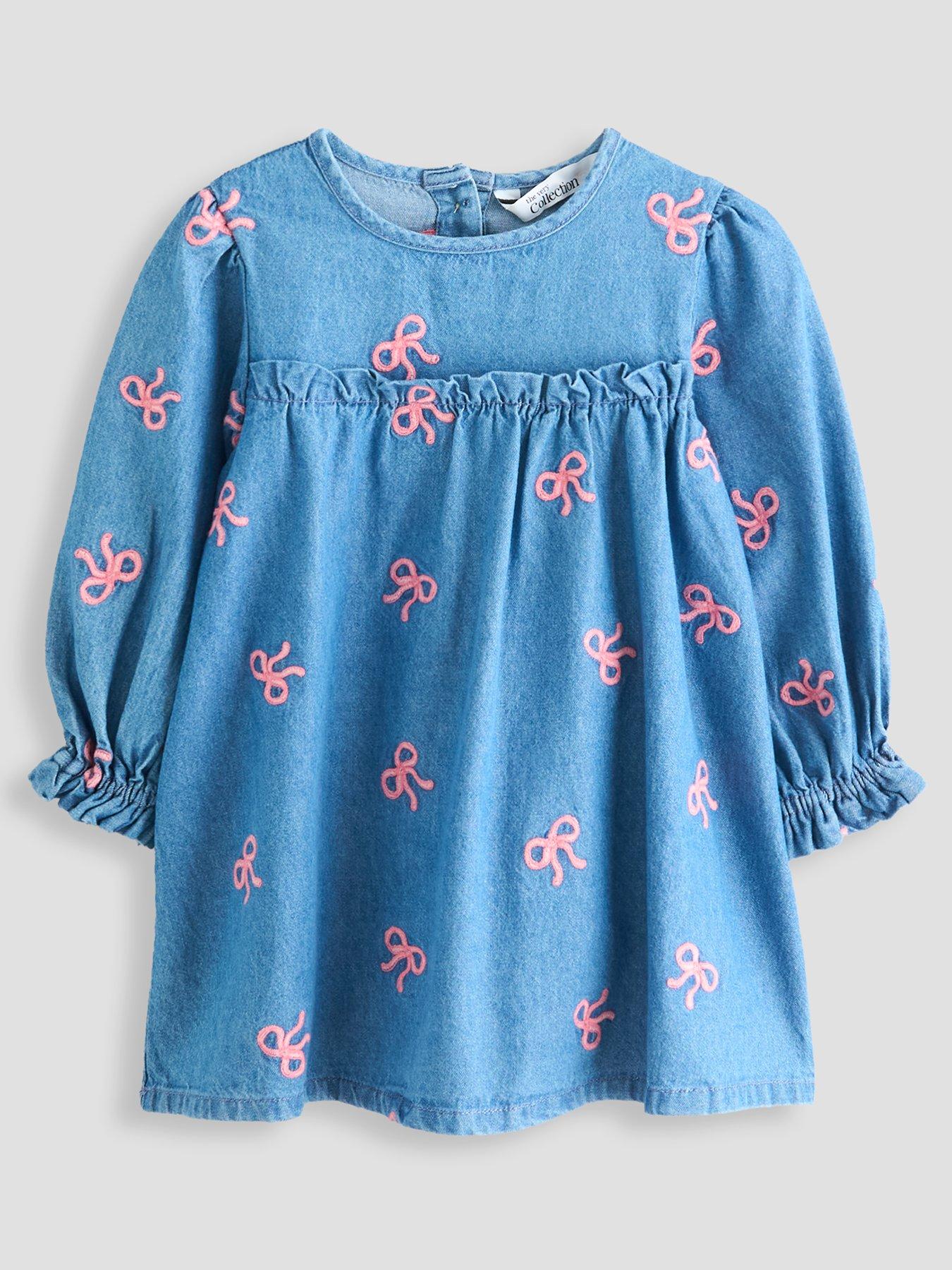 The Very Collection Girls Bow Embroidered Denim Dress - Blue