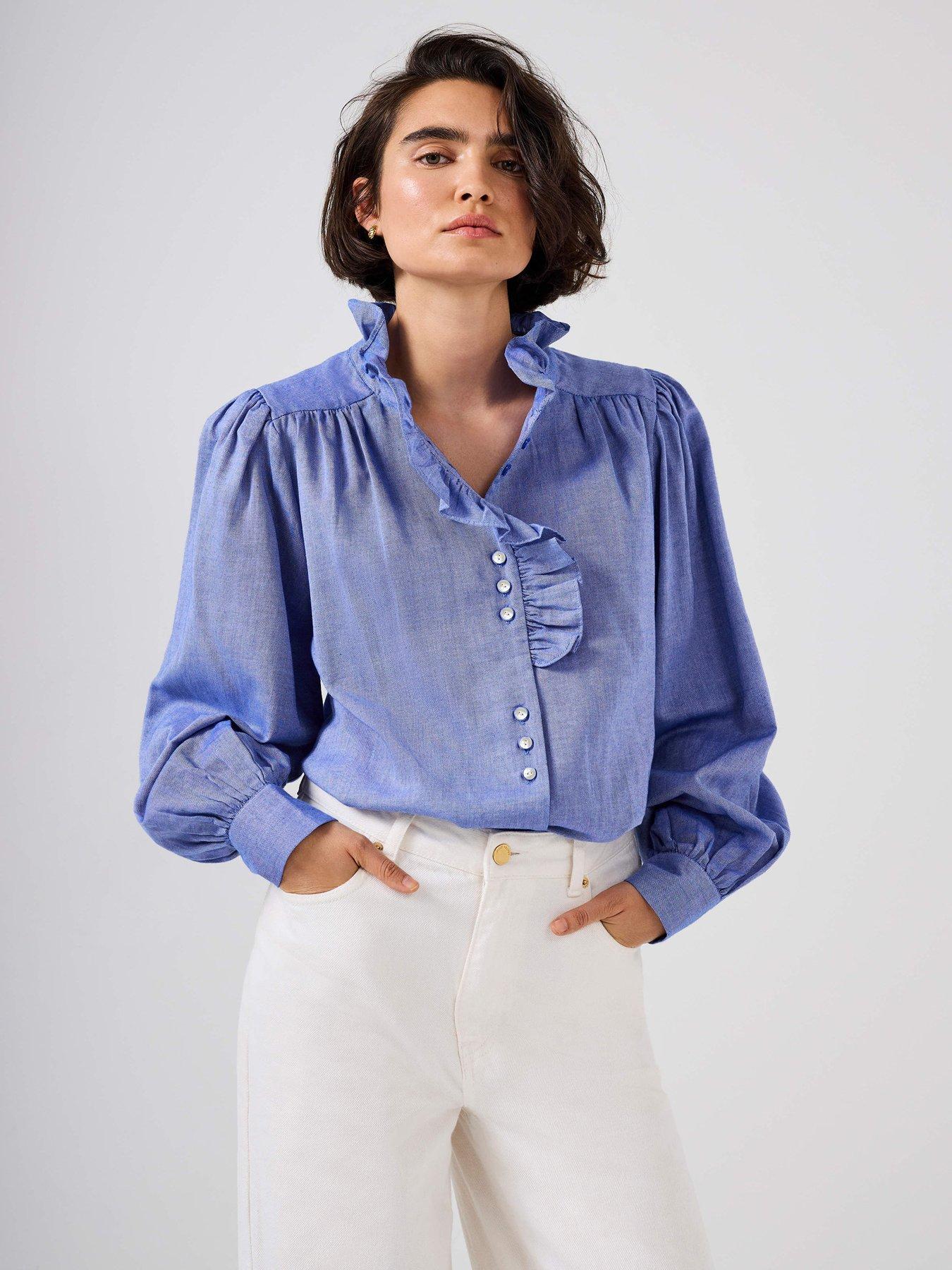  image of mint-velvet-chambray-ruffle-blouse-blue